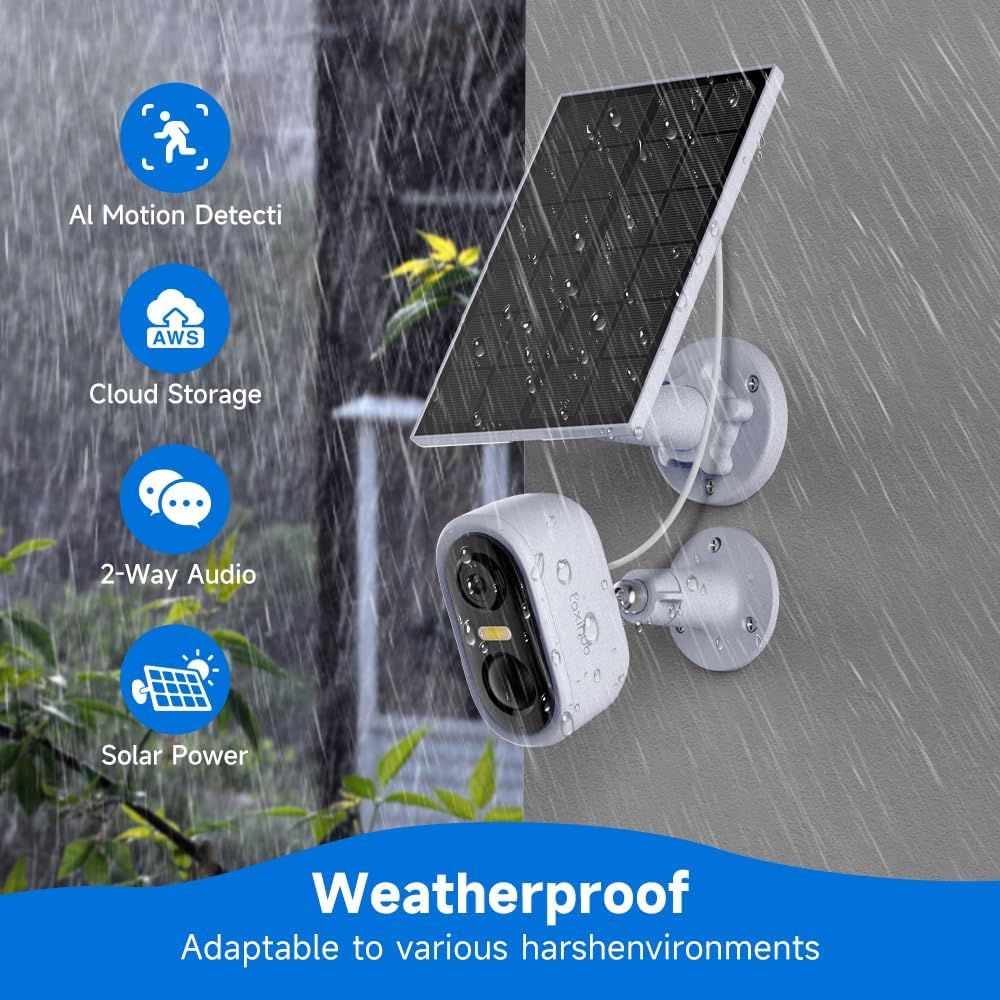 LAXIHUB camera and solar panel in a rainy environment with icons for AI Motion Detection, Cloud Storage, 2-Way Audio, and Solar Power, emphasizing weatherproof design.