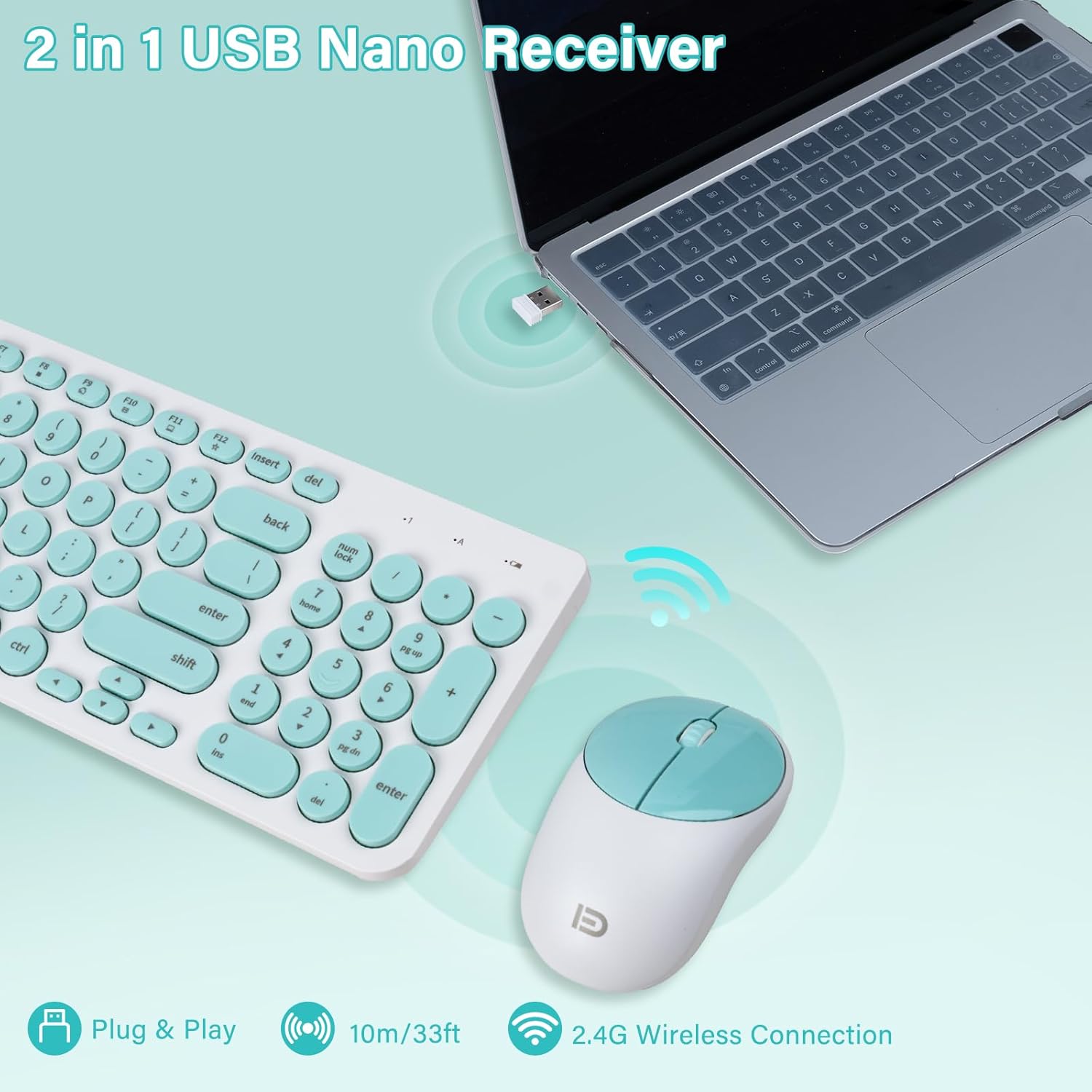XuanGui Wireless Keyboard Mouse Combo Round Keycaps,Full Size Retro Typewriter Keyboard,Intelligent Sleep Mode,Ultra Slim Portable,2.4GHz Cordless Connection for Mac/Windows/PC Computer/Laptop(Blue)