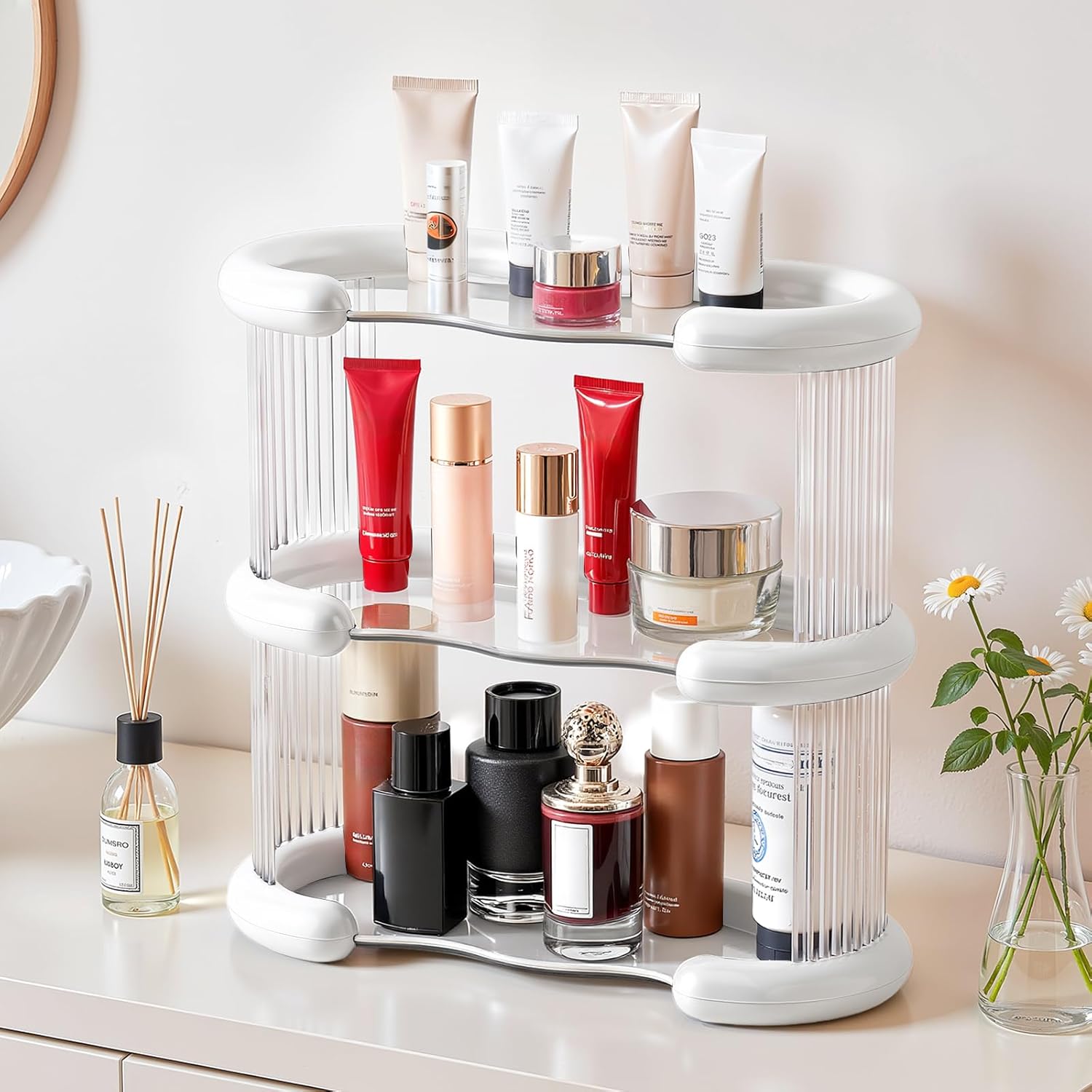 Bathroom Counter Organizer, Perfume Skincare Organizers and Storage Countertop, Makeup Shelf for Vanity Dresser, Tiered Counter Top Skin Care Holder, 3 Tier, White