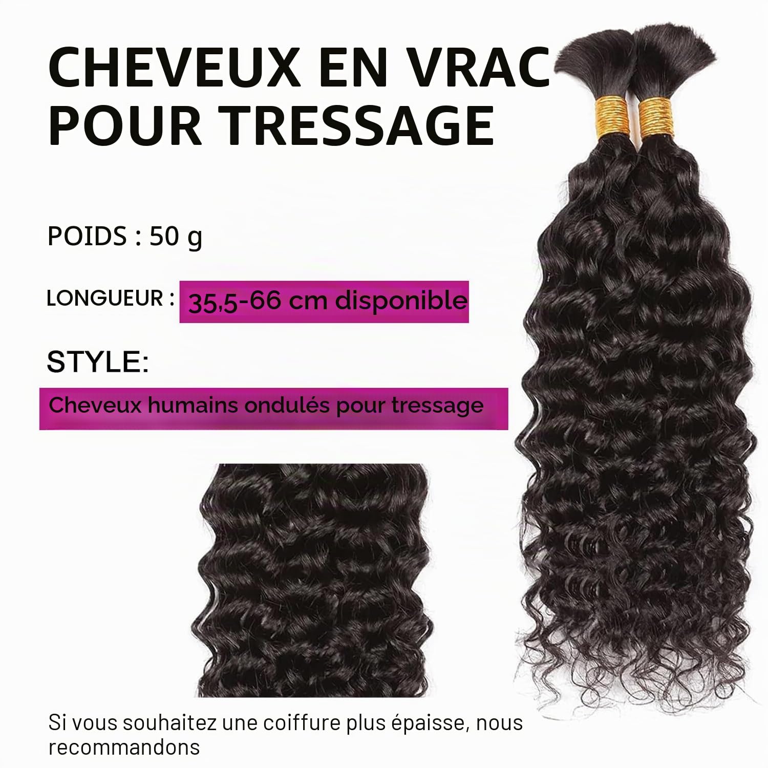 Lot de 2 extensions de cheveux humains ondulés pour tresser - 100 g - 100 % cheveux humains brésiliens non transformés - Sans trame - Couleur naturelle - 35,6 cm - 100 g