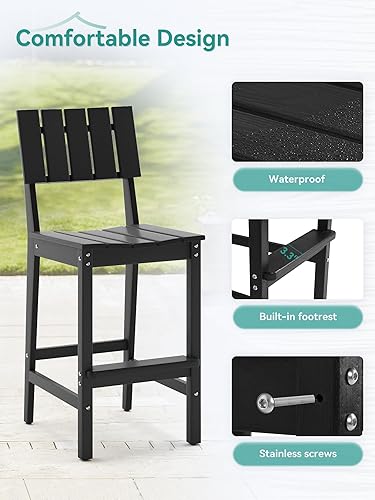 Miniatura 4 de Juego de 2 taburetes de bar para patio, sillas Adirondack altas de polietileno de alta densidad resistentes a la intemperie, sillas Adirondack de