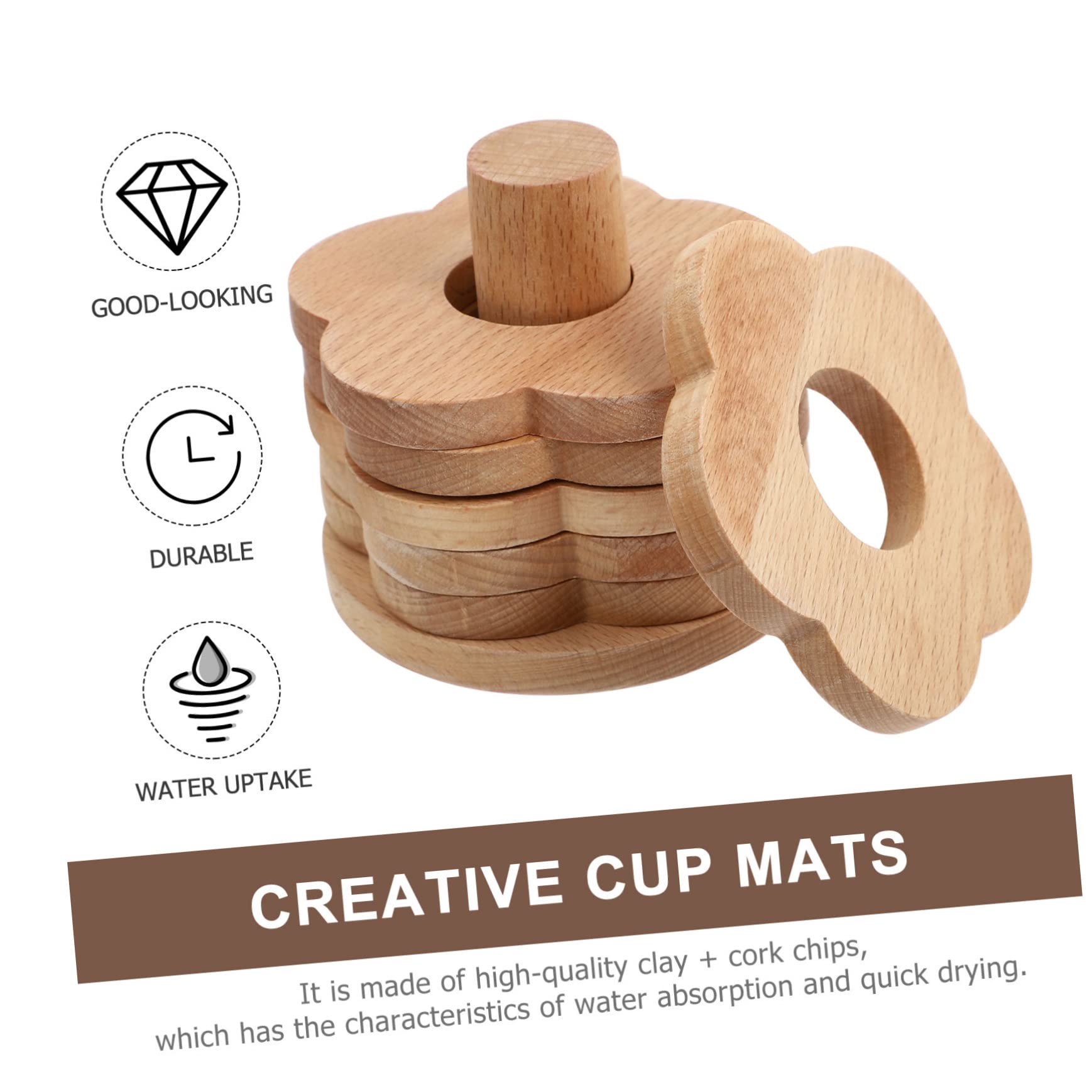 Posavasos de Madera Flor 7 Piezas Antideslizantes para Mesa | Color Caqui, Diseño Grueso, para Tazas de Té y Copas de Vino, Uso sobre Tablero