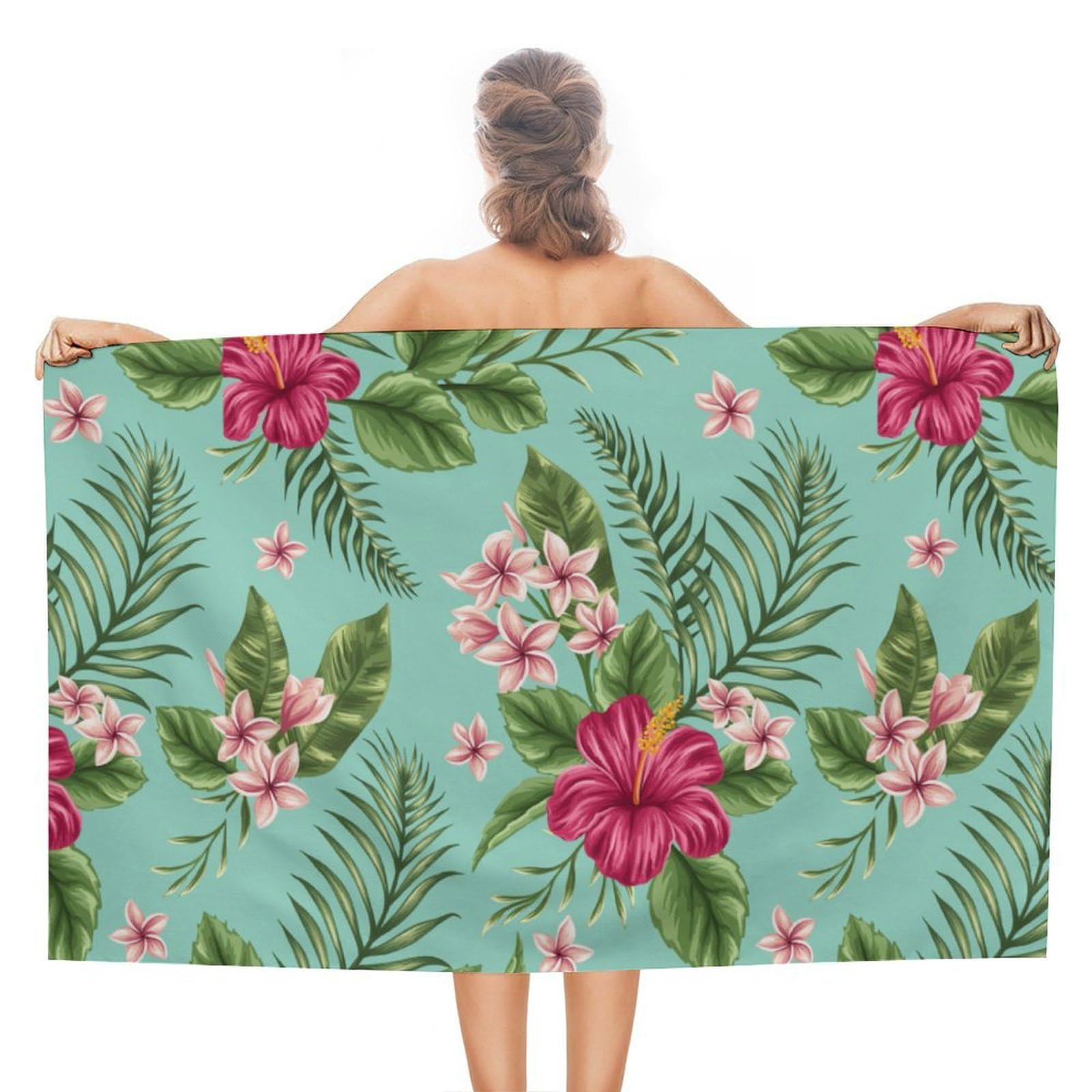 LEDFCVSU Beach Towel, Hawaiian Tropical Leaves Flowers Bath Towel, Absorbent Towel for Swimming, Sports, Travel
