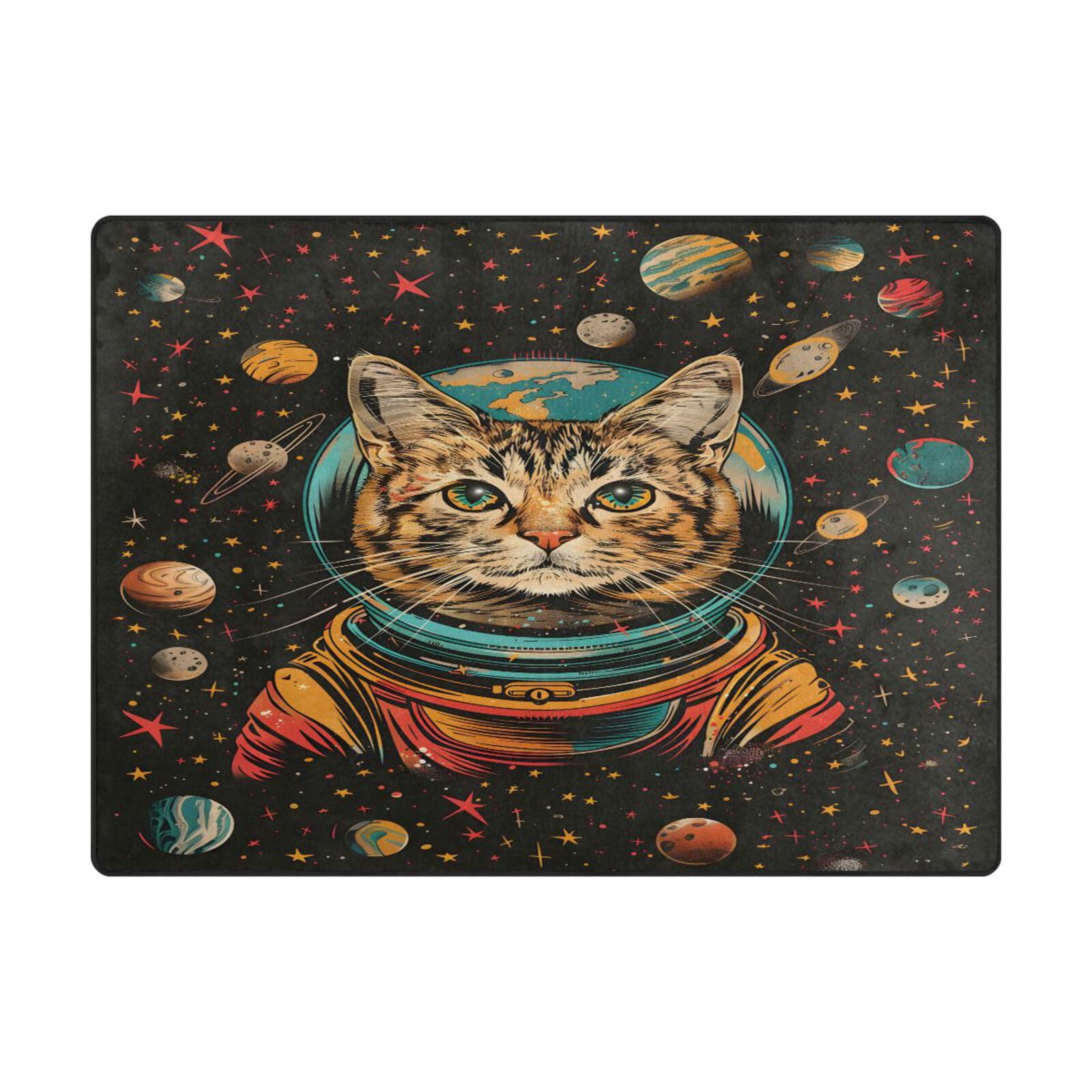 Tapis de sol contemporain salon chambre grand tapis motif chat planète 203x147