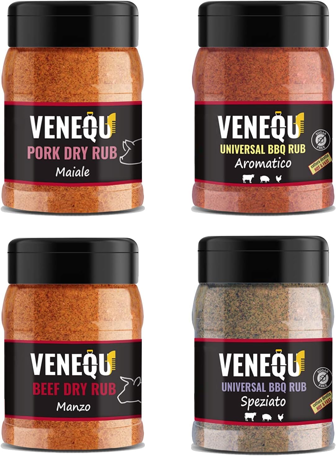 VENEQU BBQ Dry Rubs Gourmet Set #3 (150g x 4 Rubs) Made in Italy | 1 x Pork Rub, 1 x Beef Rub, 1 x Aromatic Rub und 1 x Würziger Rub