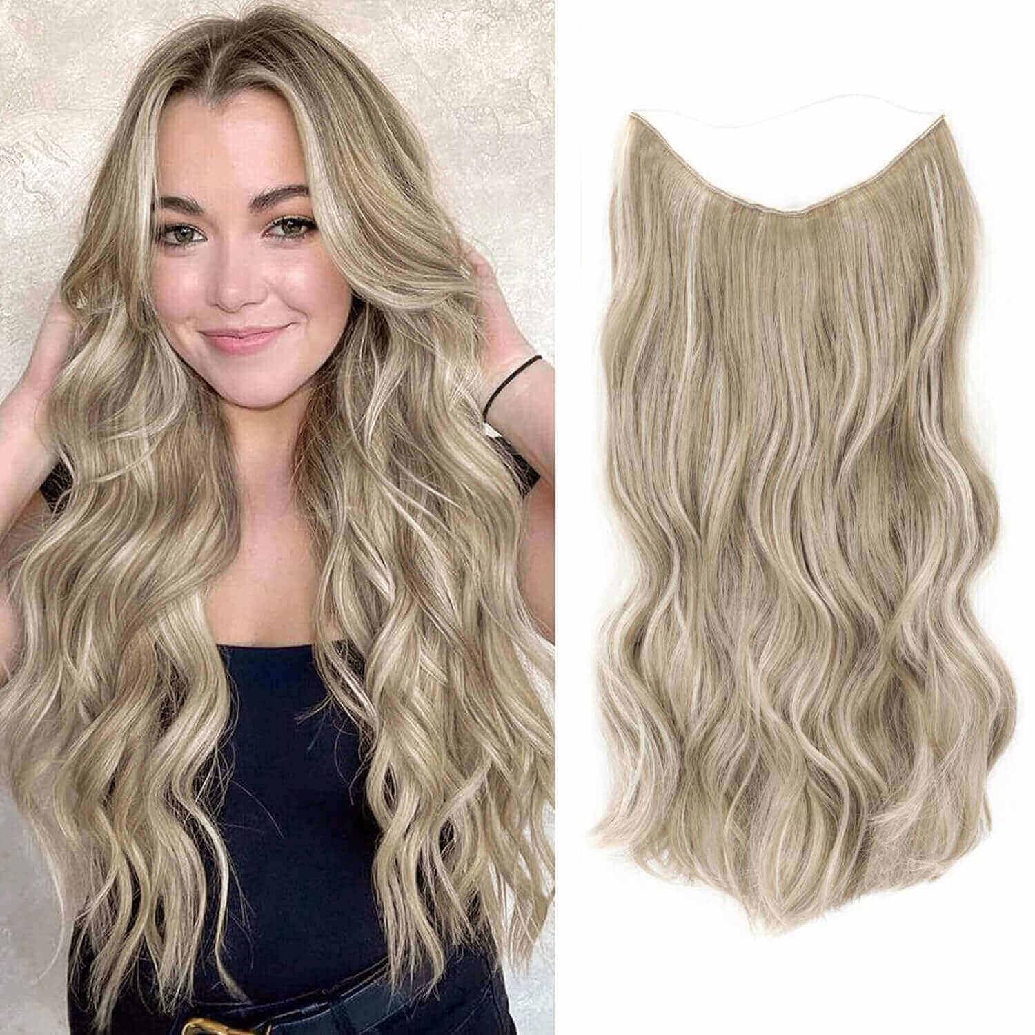 Ms TAj Ash Blonde Halo Hair Extensions 16 inch with Adjustable Size Removable Clips Invisible Secret Synthetic Curly Hairpiece for Women…