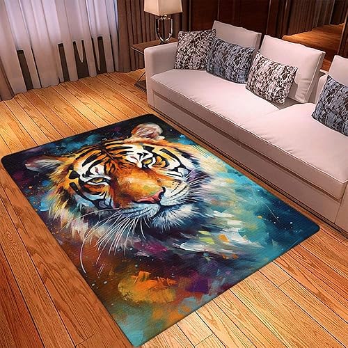 Miniatura 3 de Alfombra de tigre pintada con aceite de tigre, alfombra colorida con estampado de tigre, alfombra de área de tigre para sala de estar, alfombra