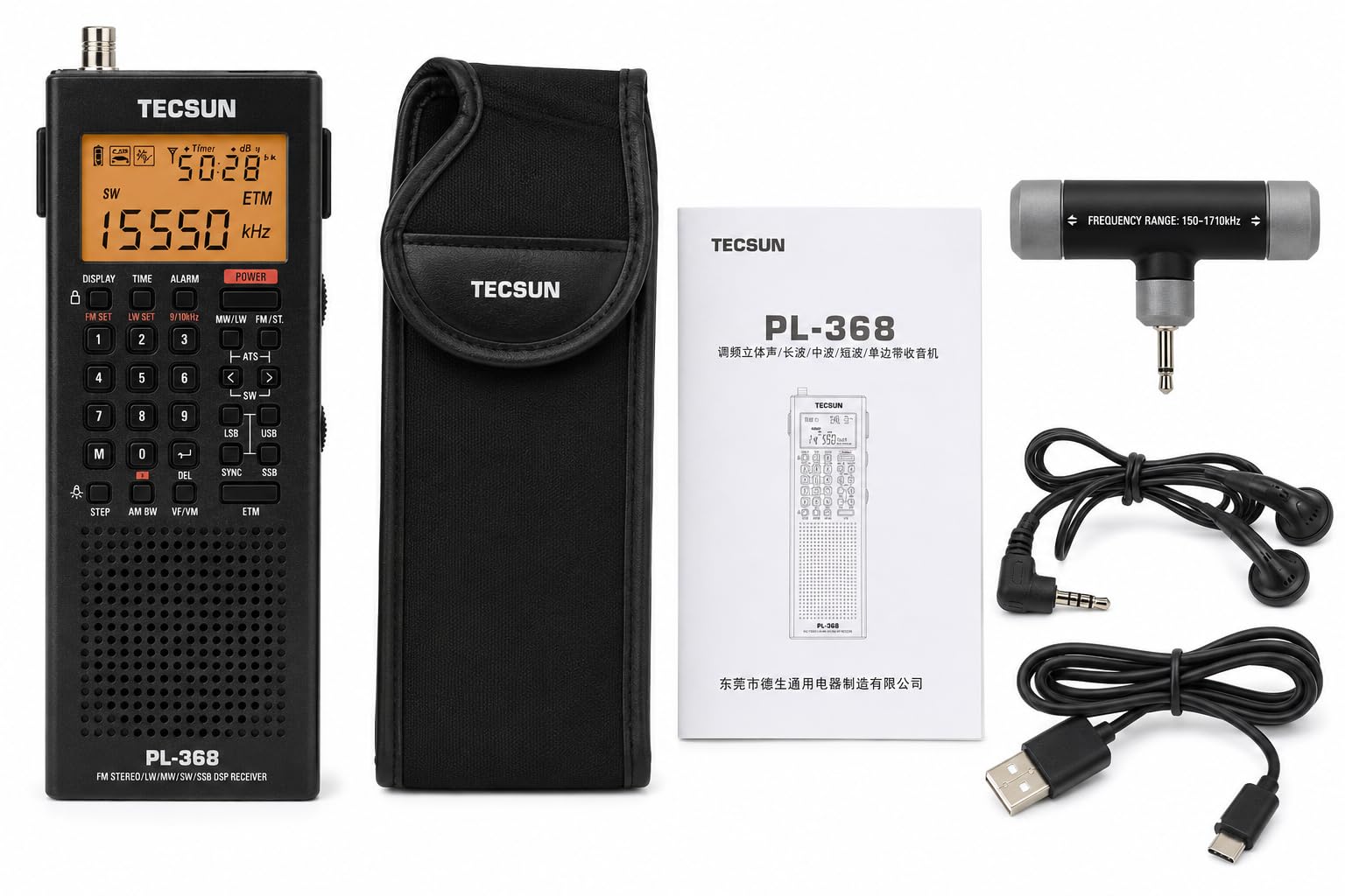 Tecsun PL-368 Receptor Multibanda Portátil - Radio Digital PLL DSP con SSB, Detección Síncrona, ETM+ y Batería de Litio BL-5C, Negro