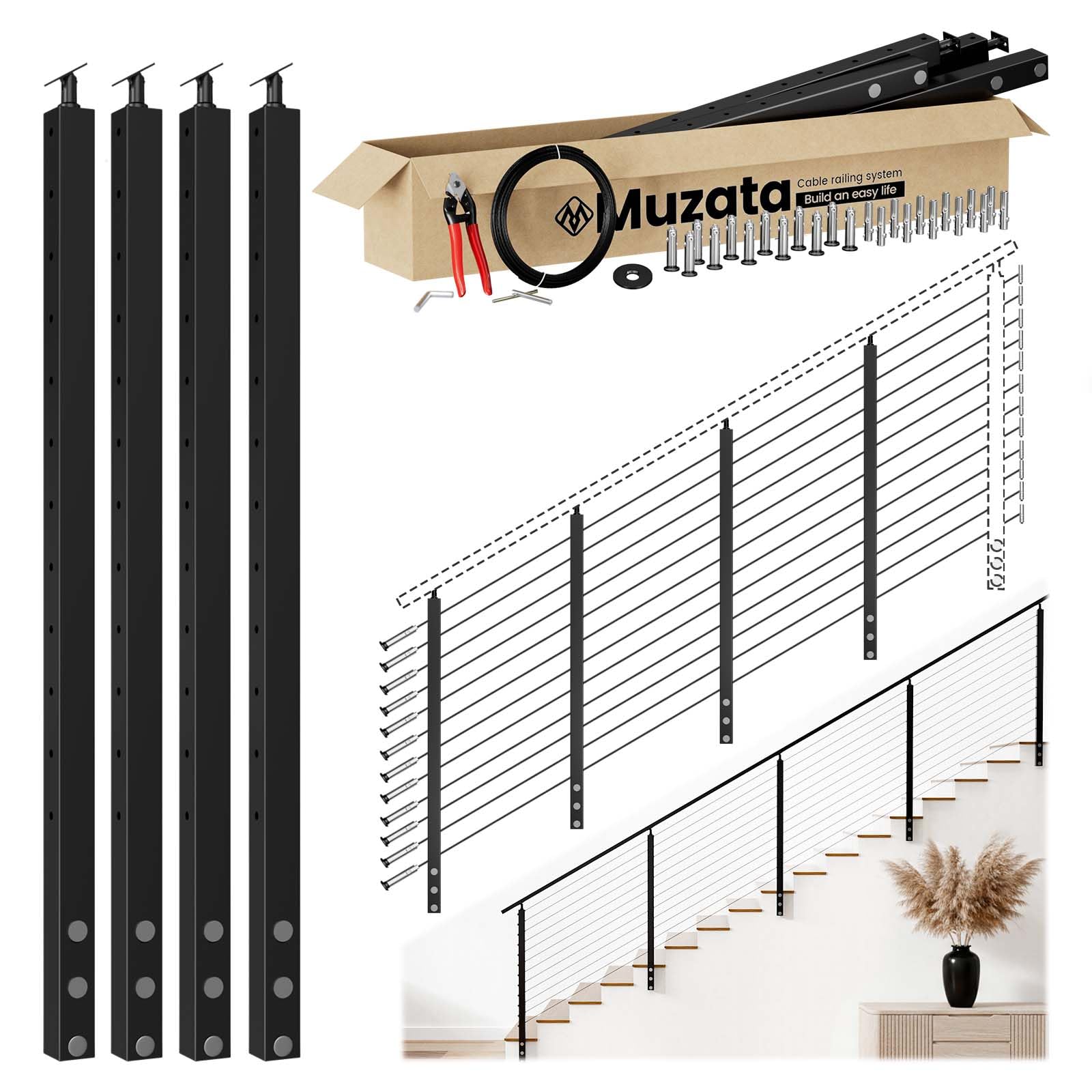 Photo 1 of Muzata 12-16ft Side Mount Modular Cable Railing Kit for Stairs 42 Inch RW31