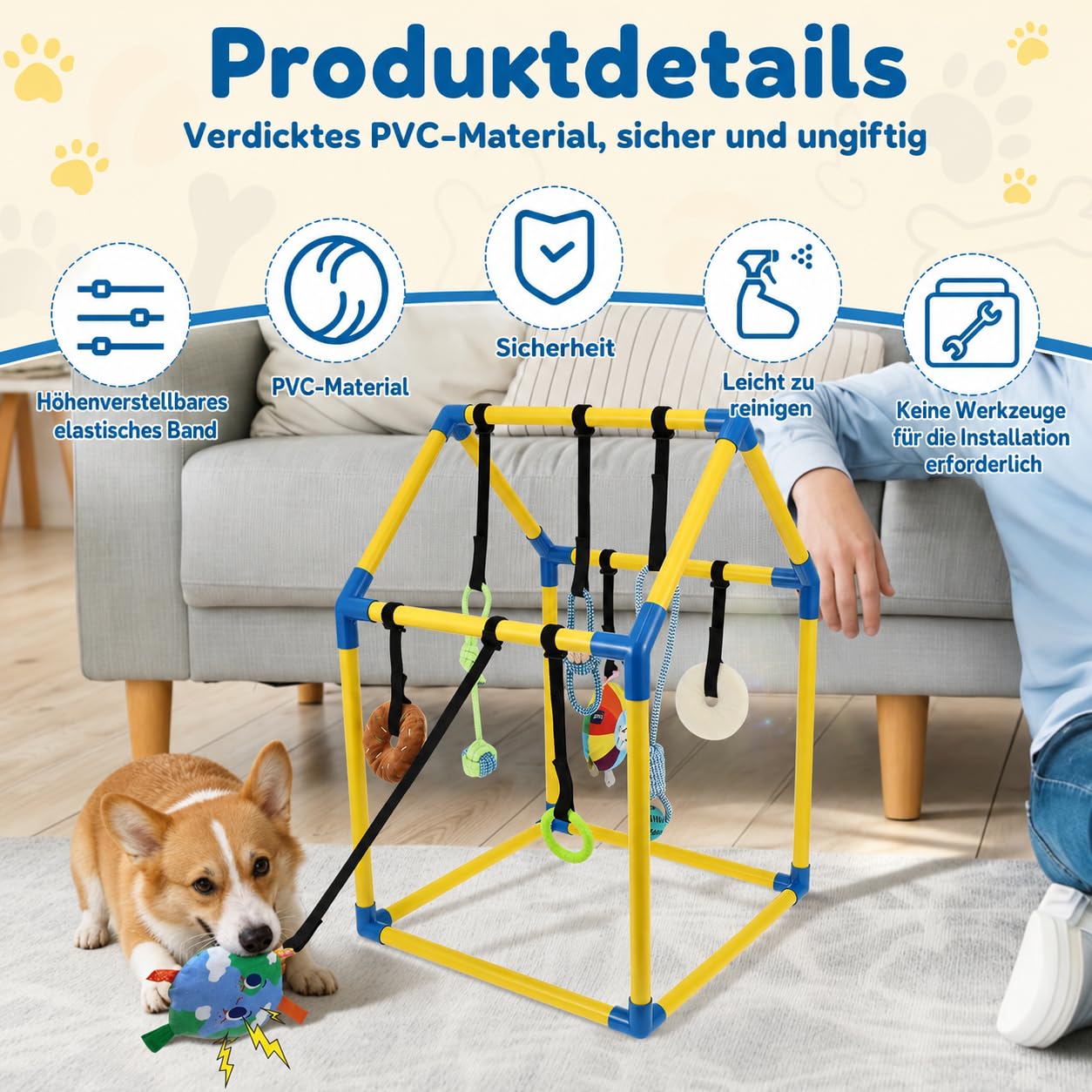 Parc de jeu pour chiots avec 8 jouets intelligents et fermetures , salle de jeu pour petits chiens avec cadre en PVC, jouet pour chiots pour dressage, apaisement, sol intérieur