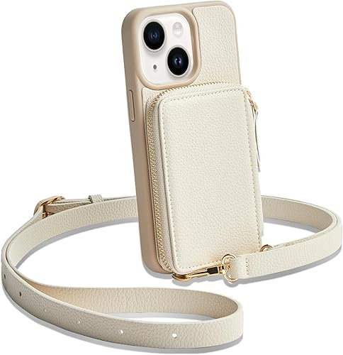ZVE Funda tipo cartera para iPhone 14 con cremallera y correa de muñeca con bloqueo RFID, funda de bolso para mujer, compatible con iPhone 14, 6.1