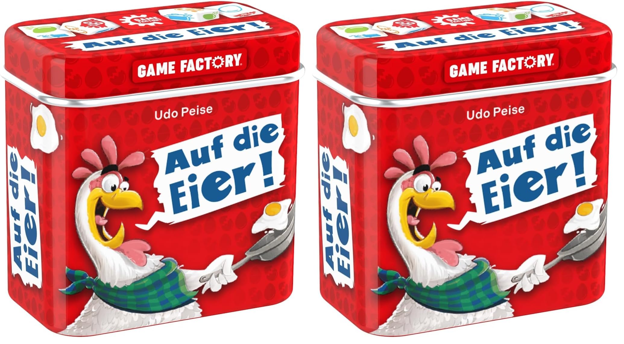 Game Factory 646038 Auf die Eier, das lustige Würfelspiel, Mini-Spiel in handlicher Metalldose, einfaches Reisespiel für Erwachsene und Kinder ab 8 Jahren (Packung mit 2)