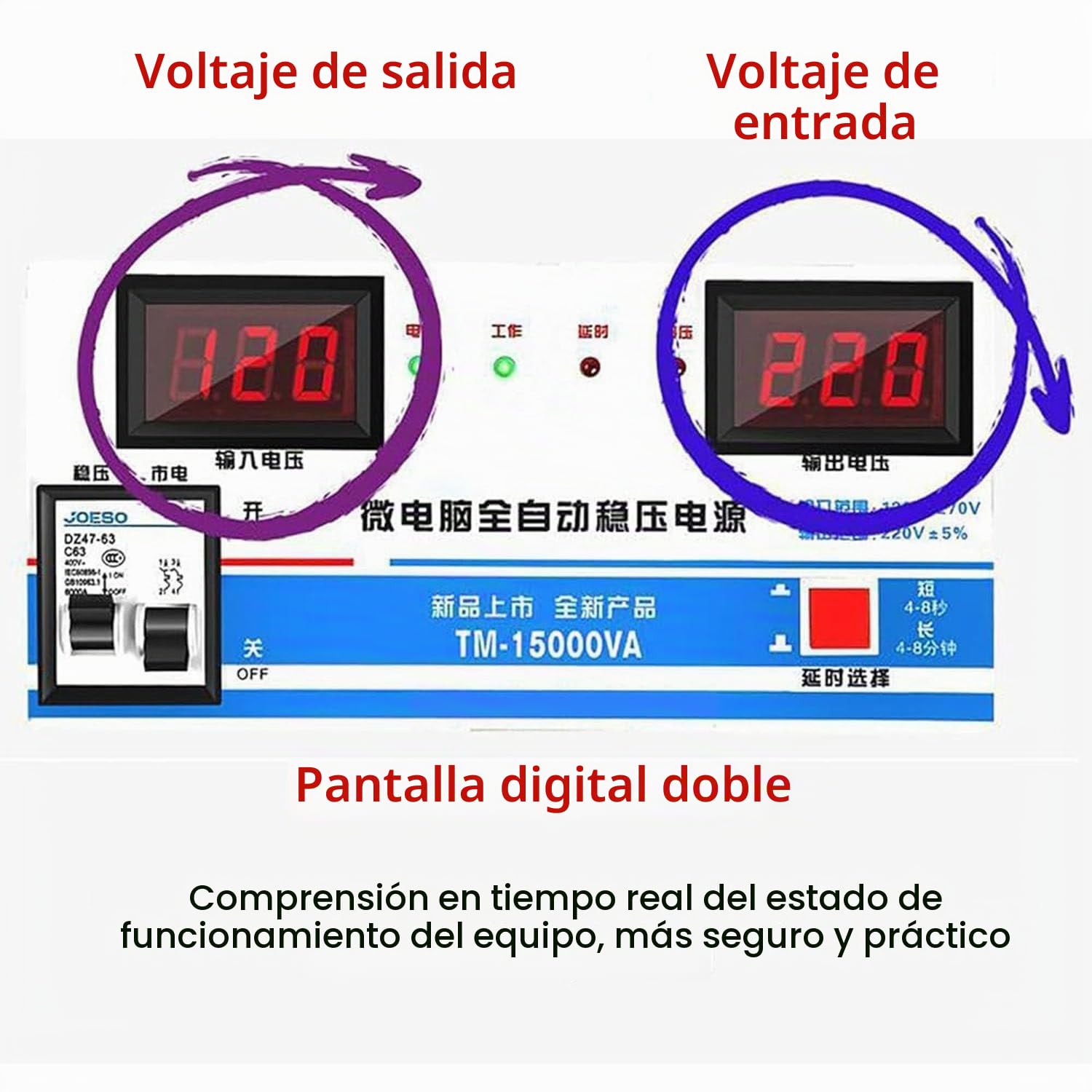 Estabilizador Voltaje Ultrabajo 220 V, 6800 W/15000 W/20000 W, Estabilizador Voltaje Potencia Completamente Automático, Pantalla Voltaje Doble Pantalla Digital, 6 Protecciones Principales,15000W
