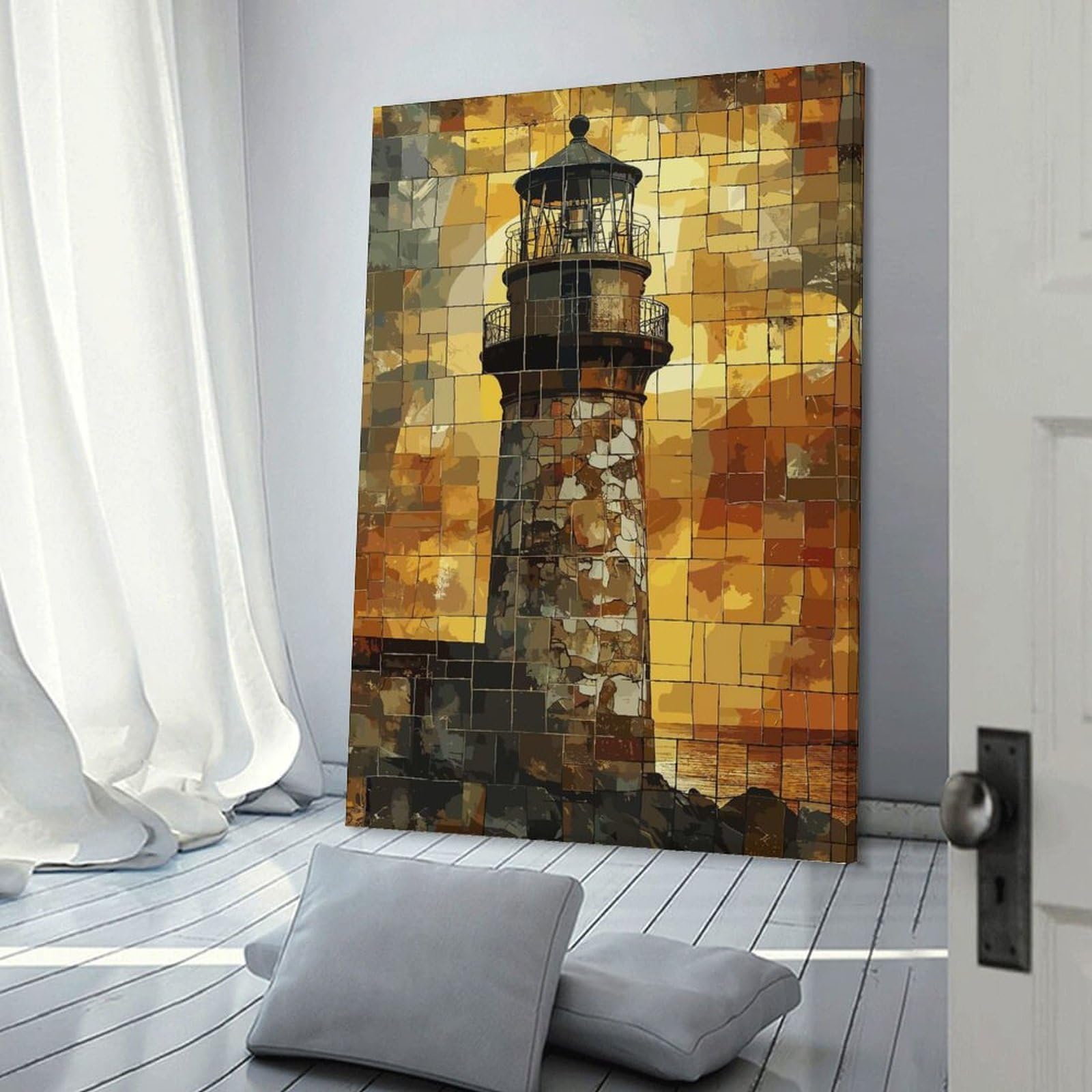 Junmoney Lighthouse Mosaic Hanging Wall Art 24x36inch(60x90cm), for Restful Interiors, Bedrooms Or Small Rooms, Home Artwork with A Soft Interior Feel