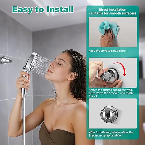 Miniatura 5 de Hibbent Soporte de cabezal de ducha con ventosa al vacío, soporte de varilla de ducha extraíble, altura ajustable y montaje en pared, soporte