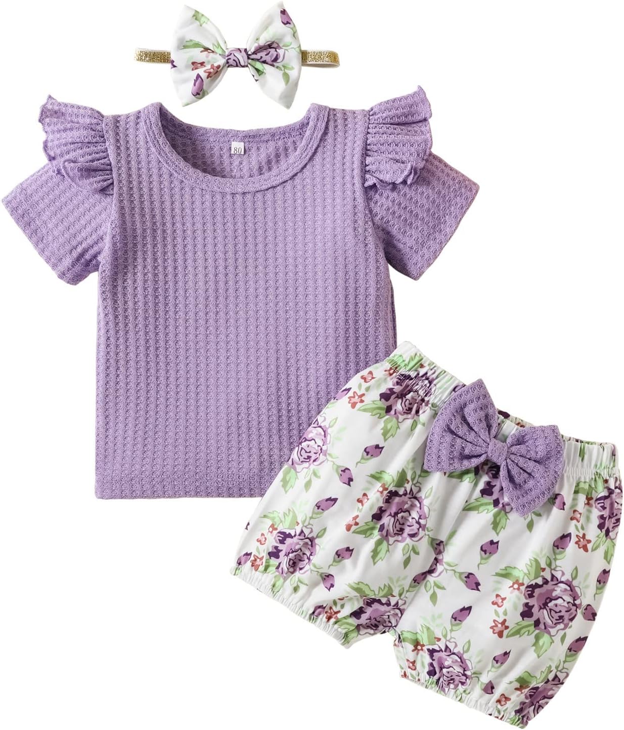 Toddlers Summer Outfits Baby Girls Easter Cartoon Striped 3 Pcs Short Sleeve T-shirt+Bottoms Shorts+Headband Set (Zhj16-Purple,18-24 Months)