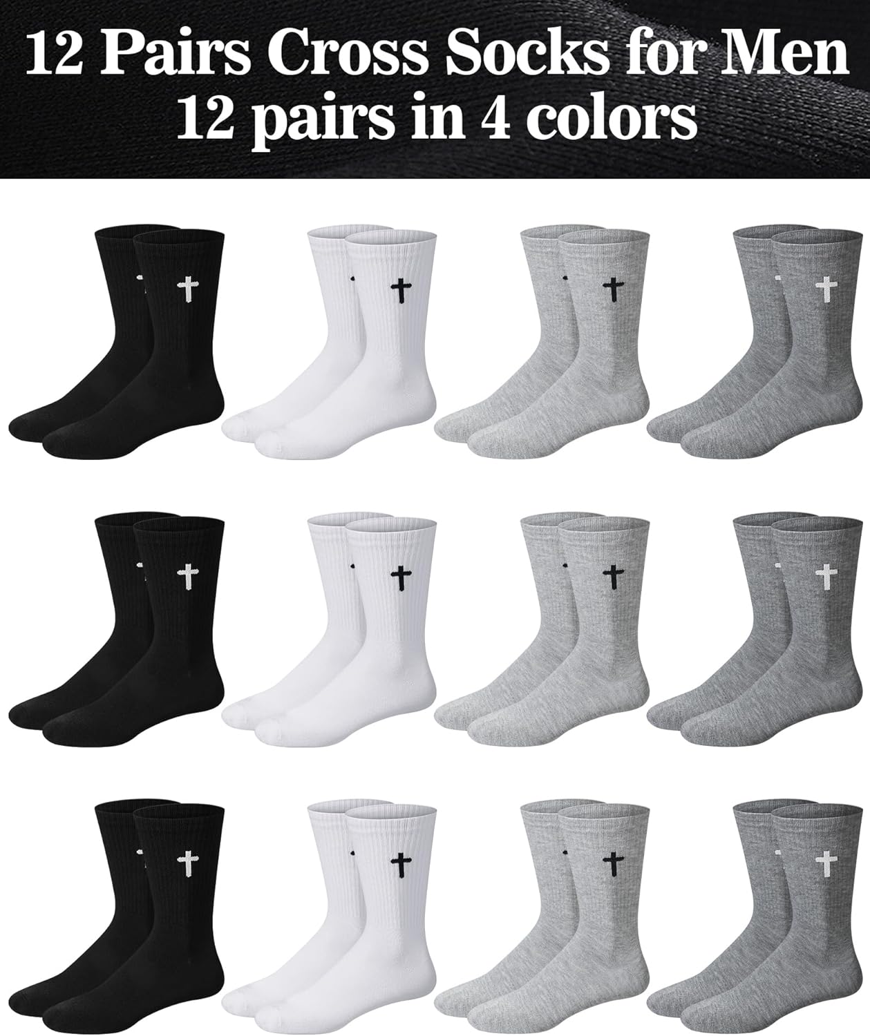 Shihanee 12 Pairs Cross Socks for Men Religious Christian Pastor Elastic Crew Socks Christian Gifts for Men - Image 3