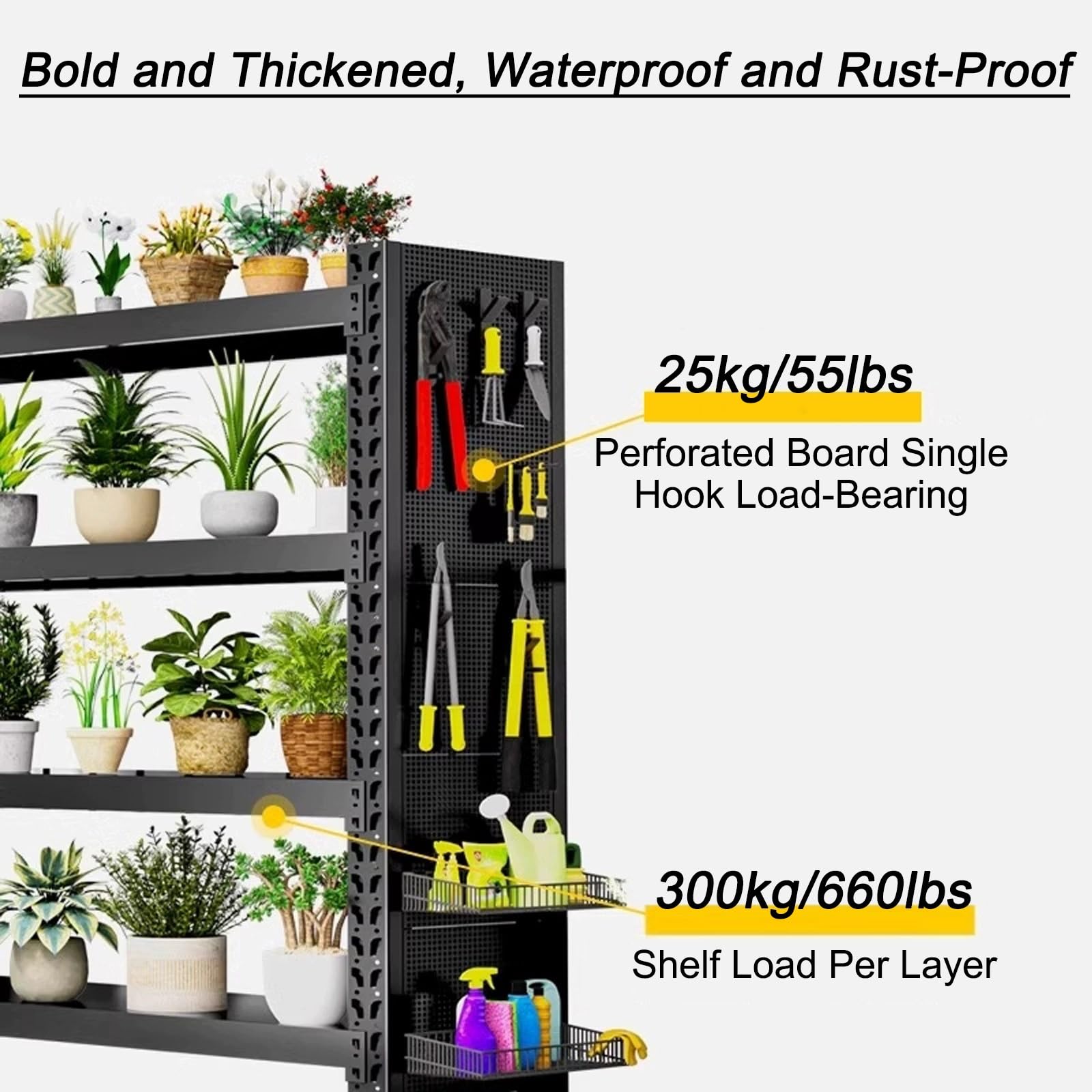 Generisch Robuster Werkzeug-Organizer mit 4 verstellbaren Regalen, 300 kg Tragkraft, 40 Metallhaken, perfekt für Garagen und Werkstätten, Schwarz, 200 x 50 x 149 cm – Maximieren Sie den Stauraum!