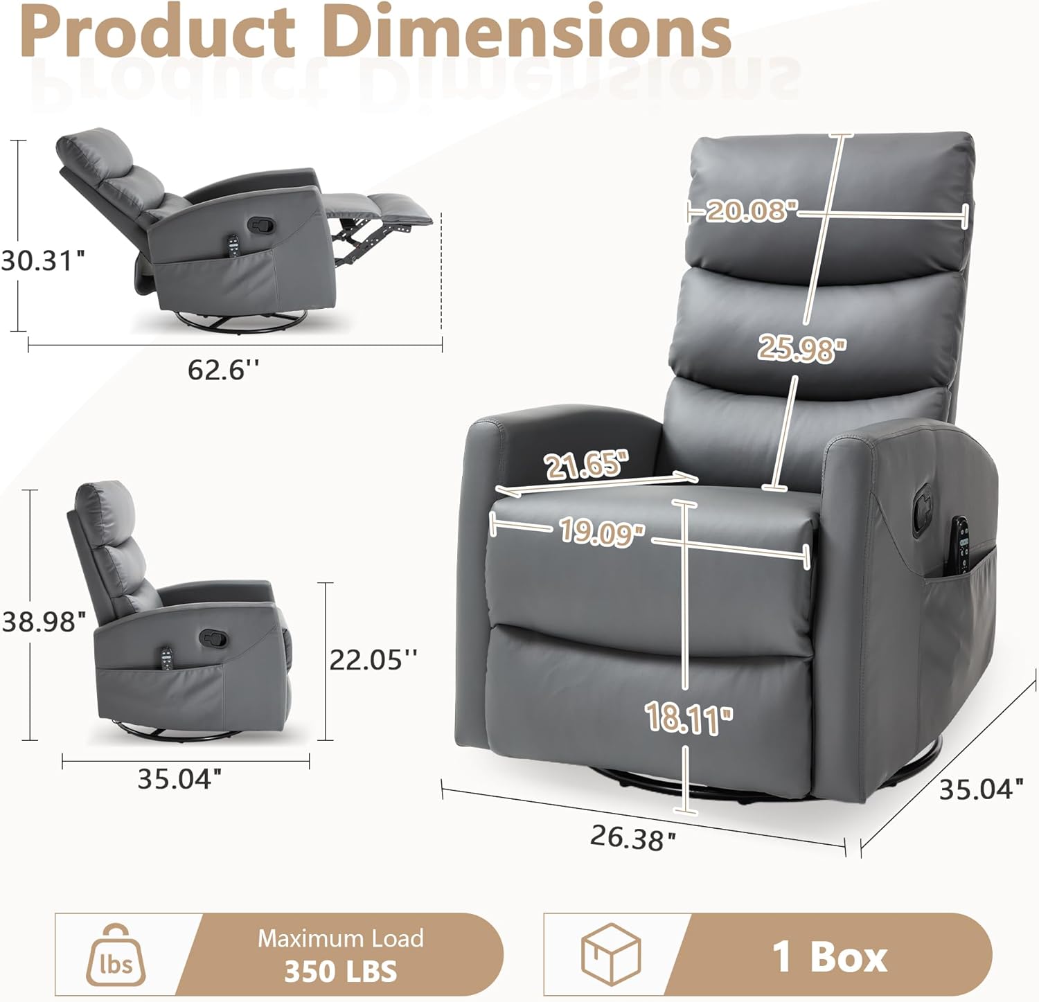 cinkehome Small Swivel Rocker Recliner Chair with Heated Massage, Upholstered Nursery Glider Recliner Chair, High Back, Side Pocket (Grey PU Leather)