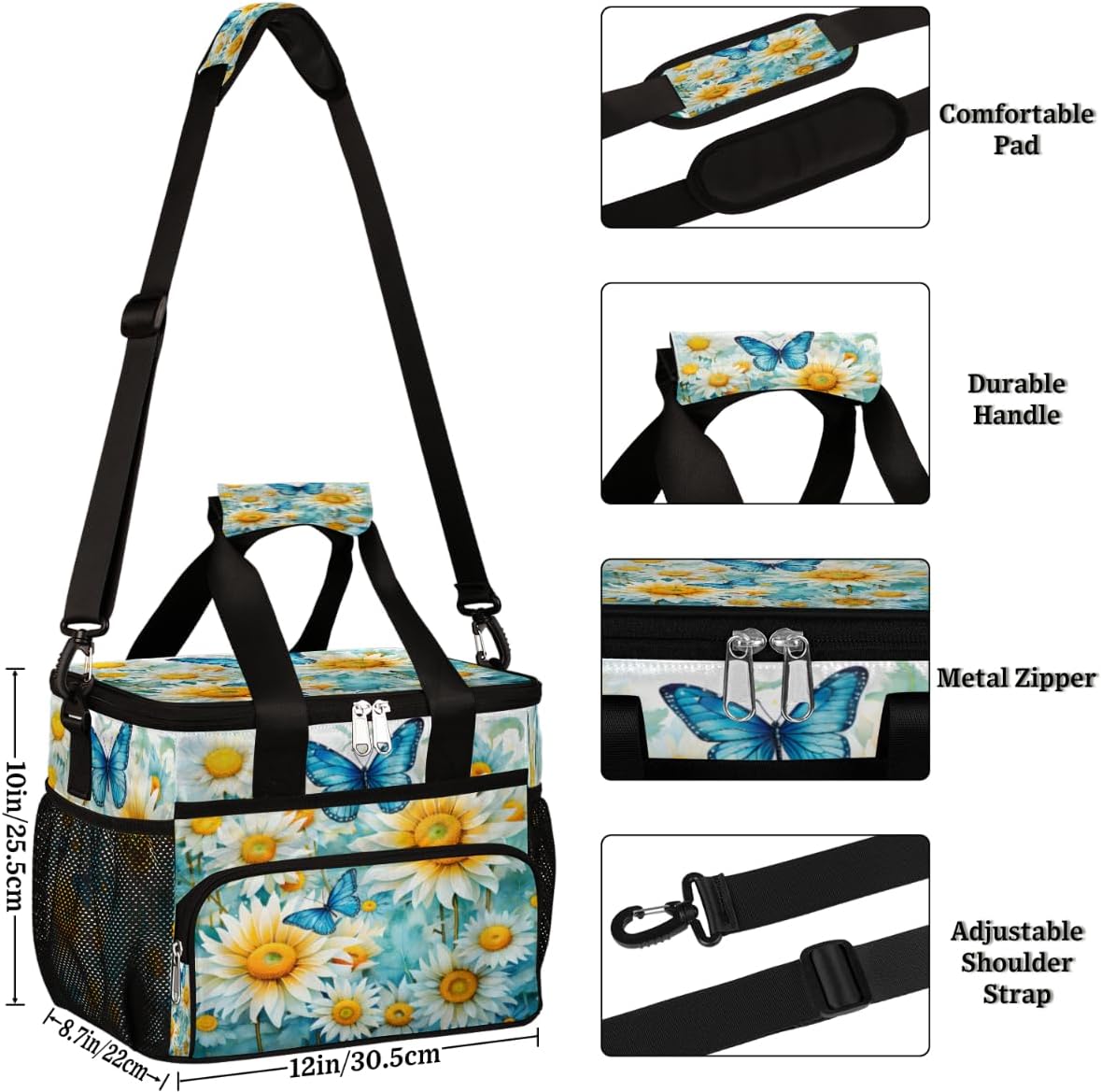 White Floral Insulated Picnic Backpack Lunch Box for Women Men Picnic Basket Tote Lunch Bag Picnic Bag Portable Lunch Bags for Picnic, Beach, Work, Trip,Office, Camp Floret Butterfly