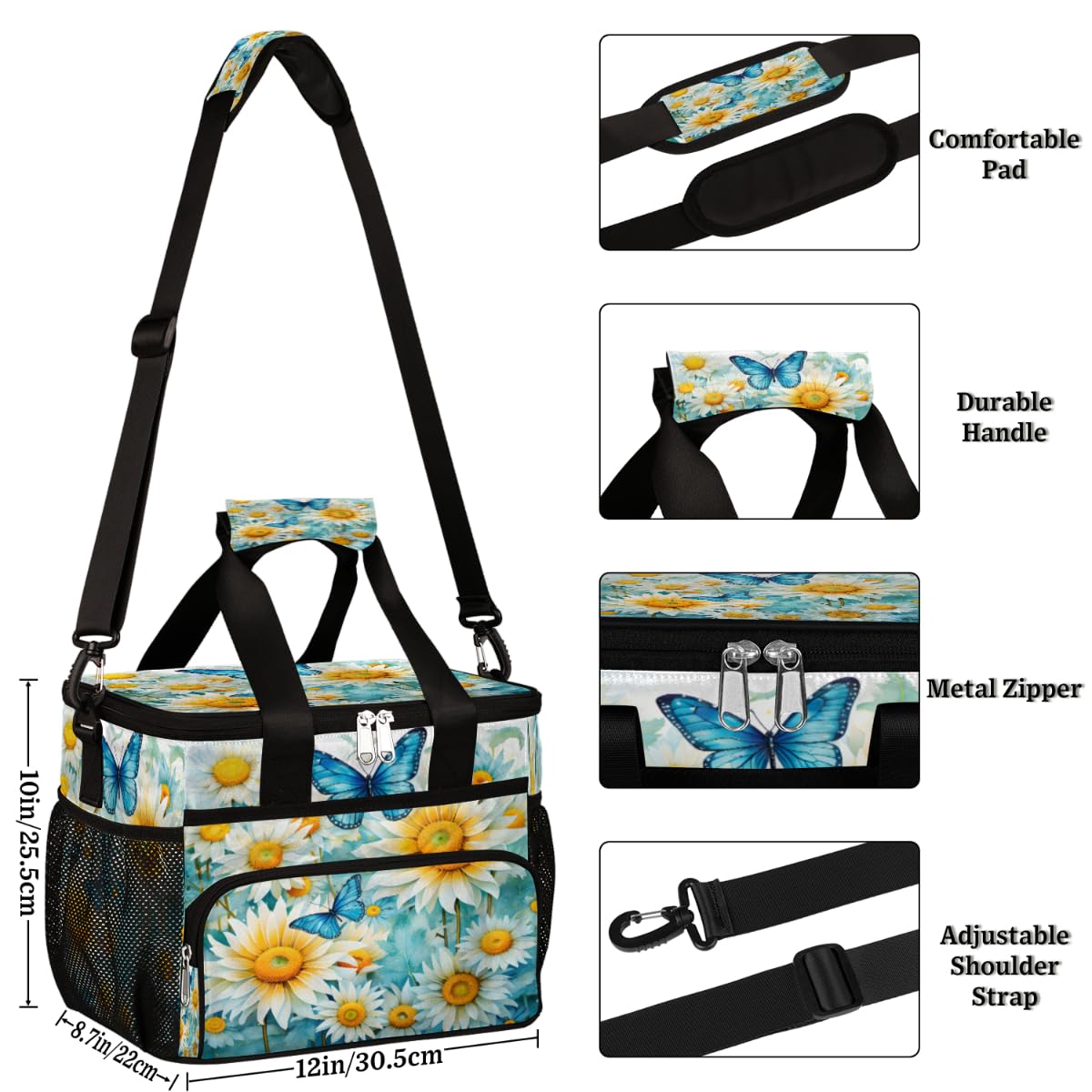 White Floral Insulated Picnic Backpack Lunch Box for Women Men Picnic Basket Tote Lunch Bag Picnic Bag Portable Lunch Bags for Picnic, Beach, Work, Trip,Office, Camp Floret Butterfly