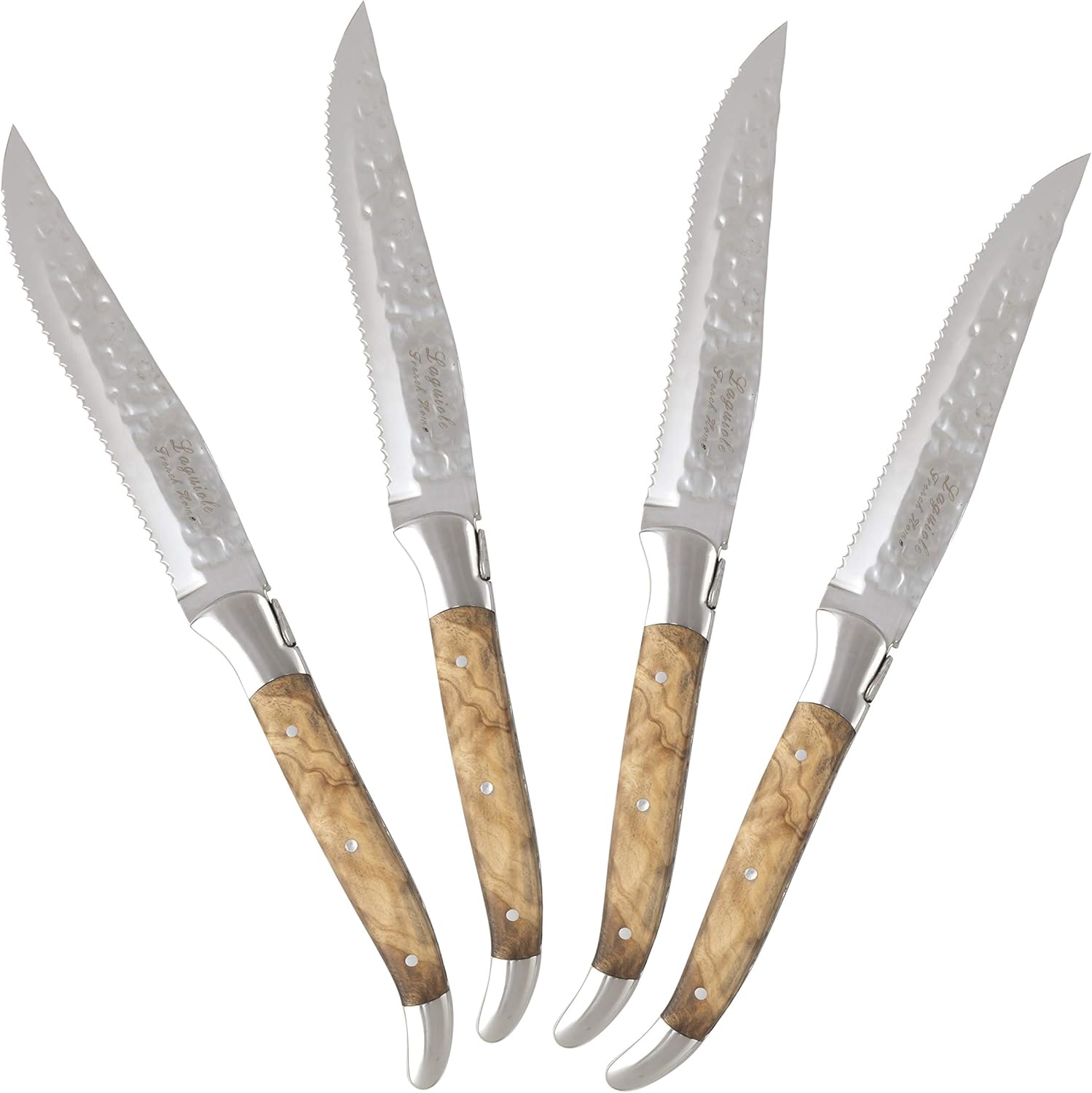 Laguiole Connoisseur BBQ Steak Knives Set of 4 – Stainless Steel Silverware Set Packed in an Elegant Box – Olive Wood Handle Unique Kitchen Cutlery