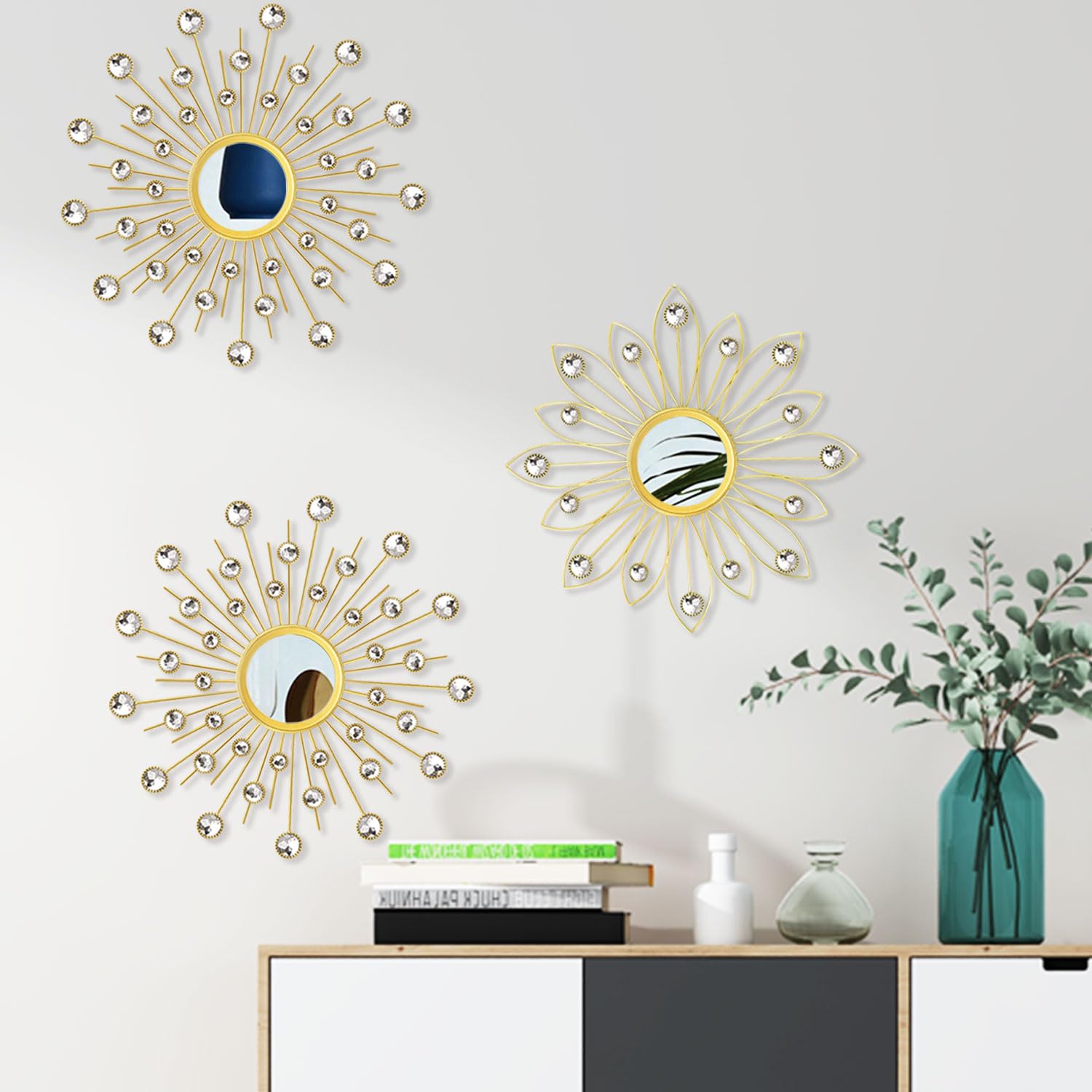 Paquete De 3 Espejos De Metal Para Pared Con Rayos Solares, Decoración Del Hogar, Decoración Decorativa Para Colgar En La Pared Para Sala De Estar, Recámara, Entrada (negro, Flores