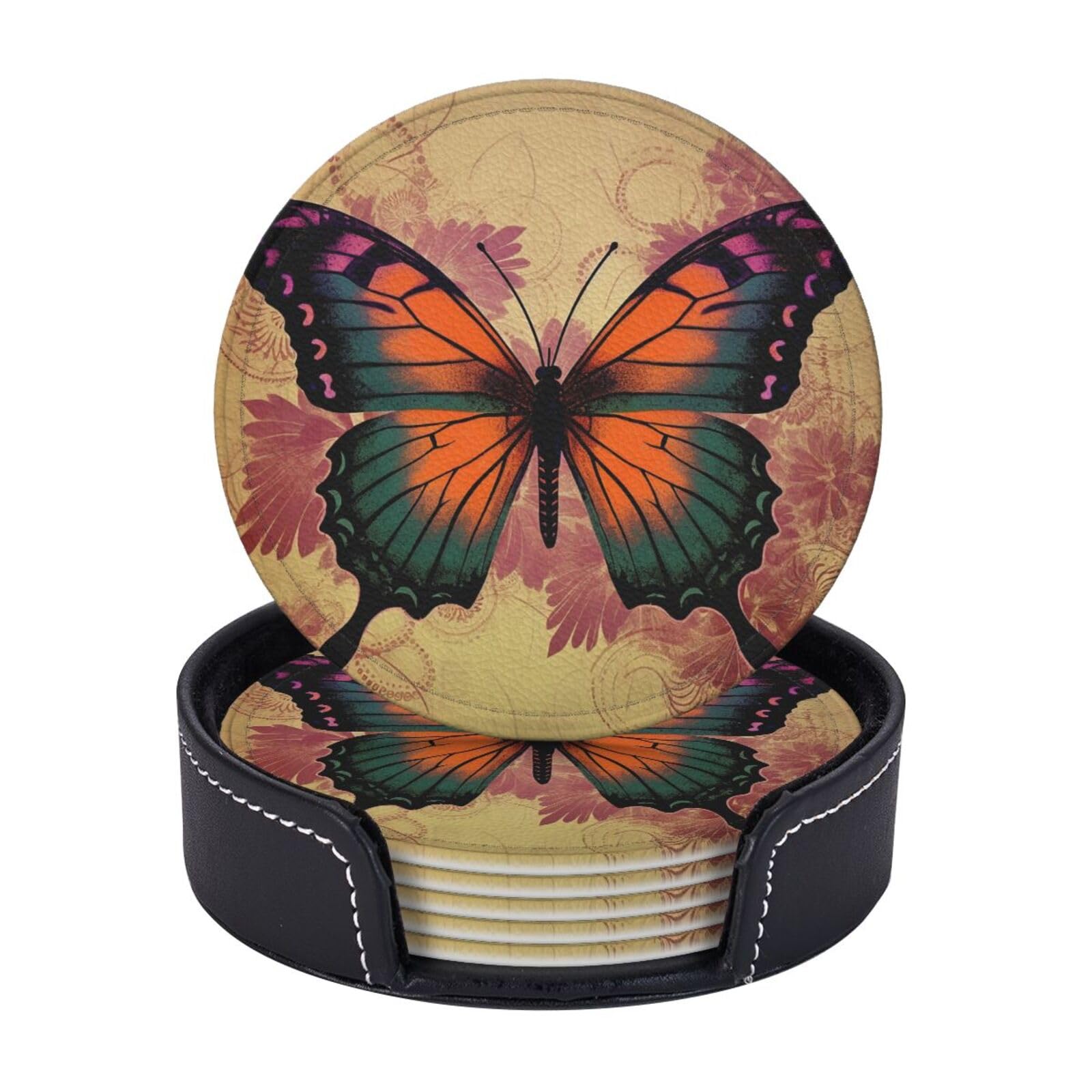 6PCS Drink Coasters with Holder, 4" Leather Coasters for Drinks, Vintage Butterfly Cup Coasters for Coffee Table Decor, Non-Slip Drinking Cup Mat for Hot or Cold Drink