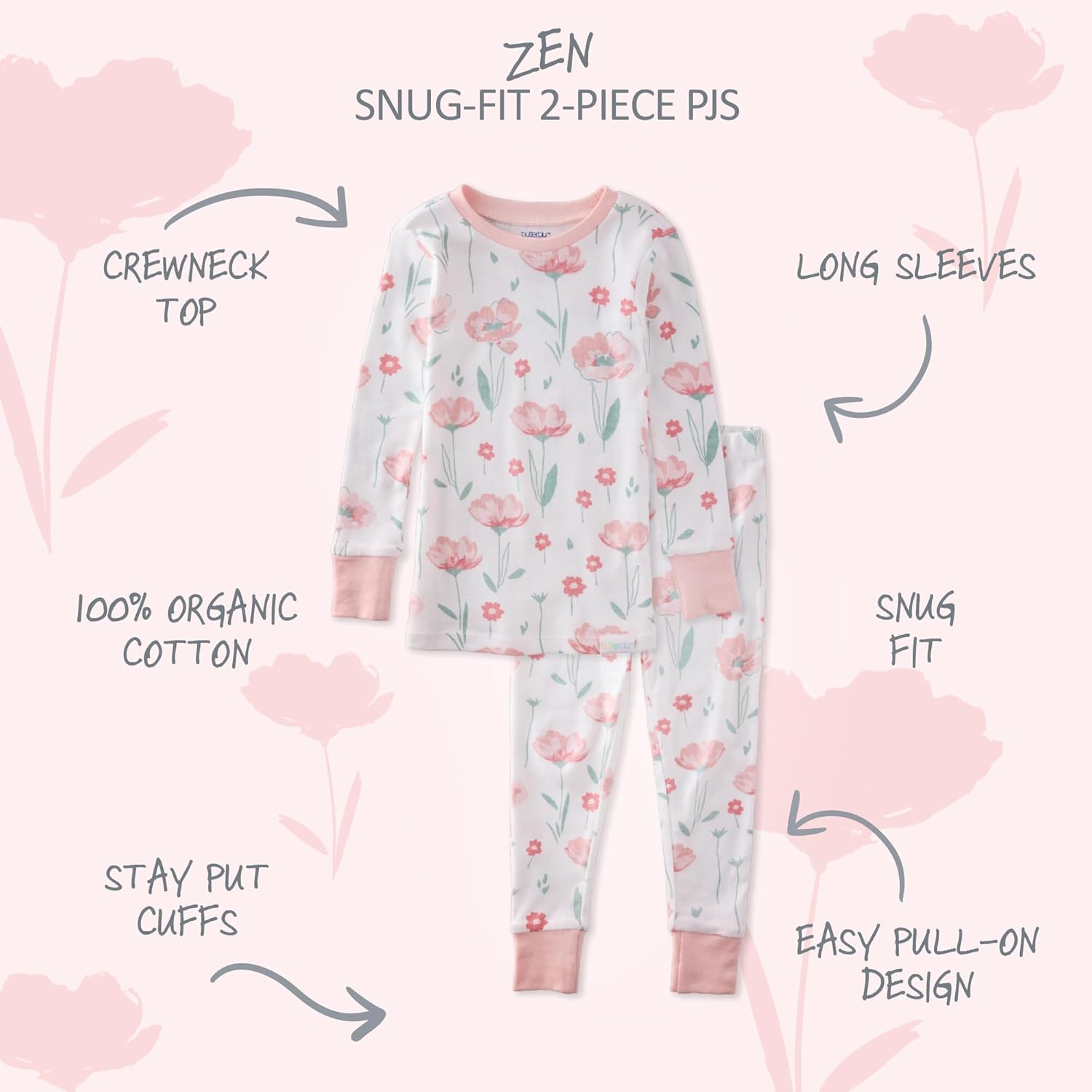 Zen Snug-fit 2-Piece Pajamas 100% Organic Cotton Long Sleeve for Girls - Image 2