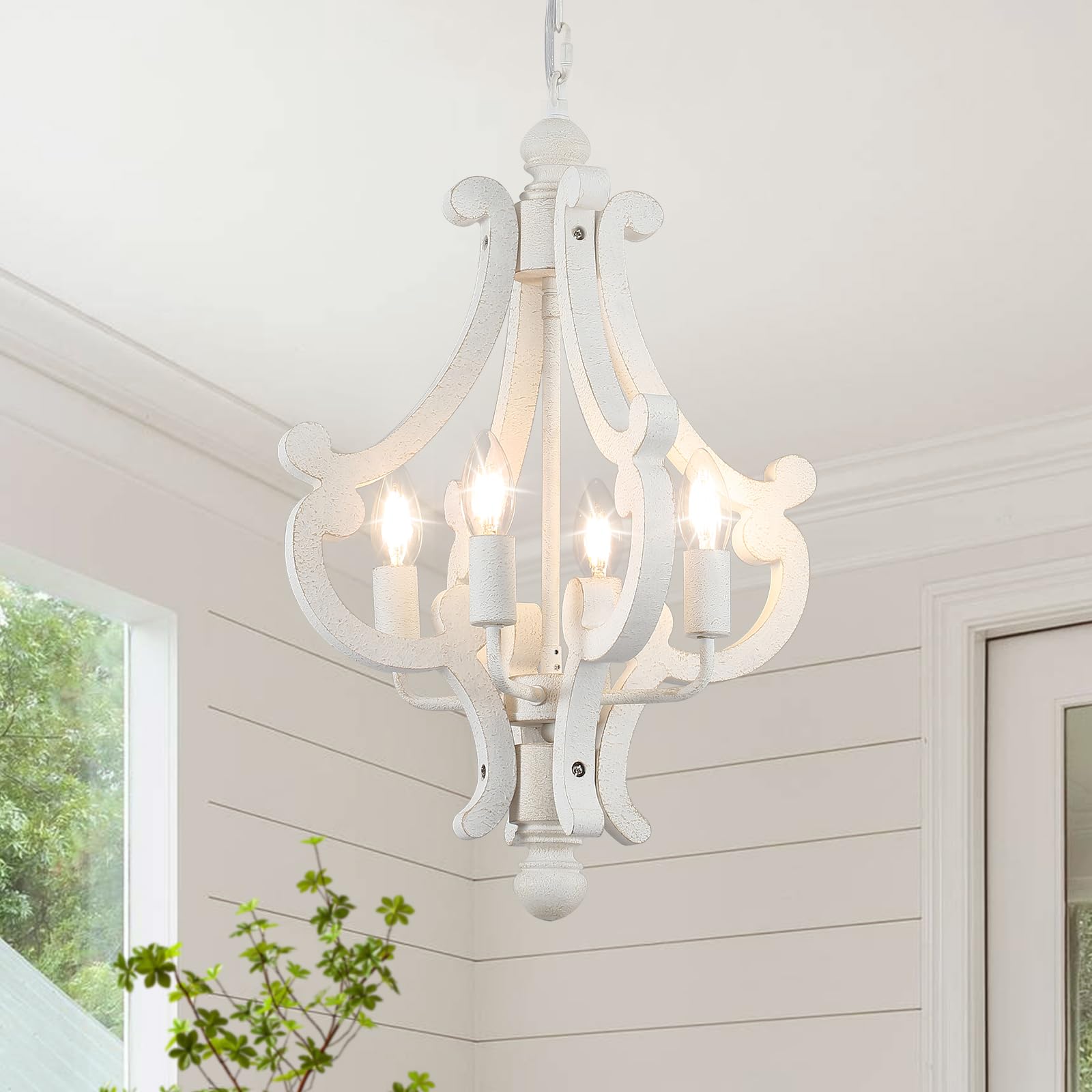 Żyrandol w stylu vintage, 4 światła, biały, 37 cm, 60 W, regulowana wysokość, możliwość ściemniania | Nowoczesna rustykalna lampa wisząca do stołu jadalnego E14 francuska drewniana farma do salonu, sypialni