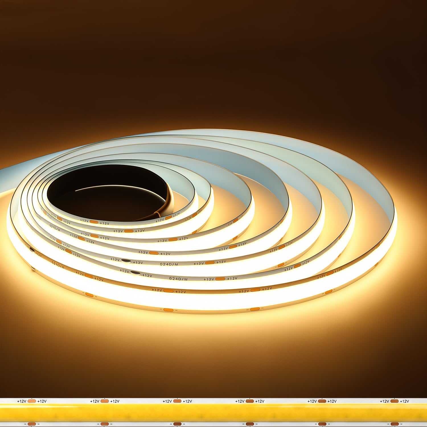 FWoche Double Row COB LED Strip 12 V Warm White 3000 K 2 m 12 mm Wide without Power Supply 624LEDs/m High Density CRI90+ Dimmable Self-Adhesive LED Strip Super Bright for Indoor Lighting
