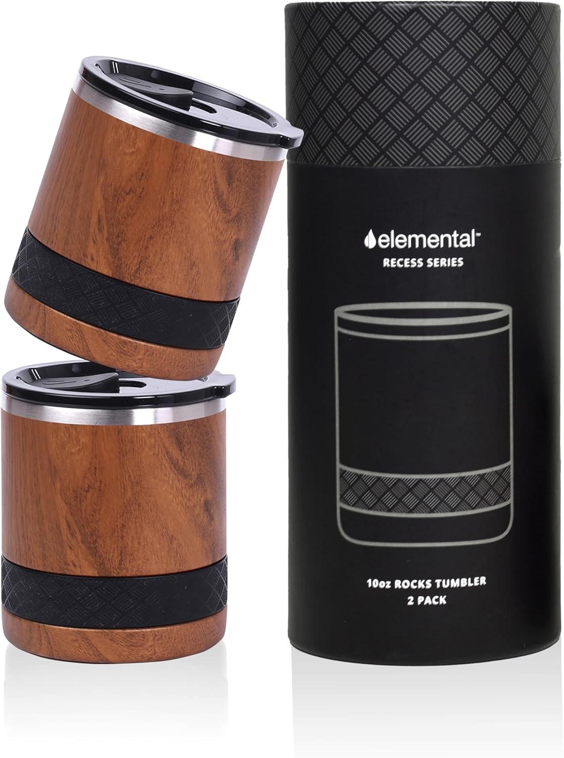 Elemental Recess Lowball Tumbler Set of 2, 10oz Triple Wall Stainless Steel Cup with Non-Shattered Tritan Lid, Insulated Whiskey Glass, Insulated Coffee Tumbler Mug for Hot & Cold Drinks - Teakwood