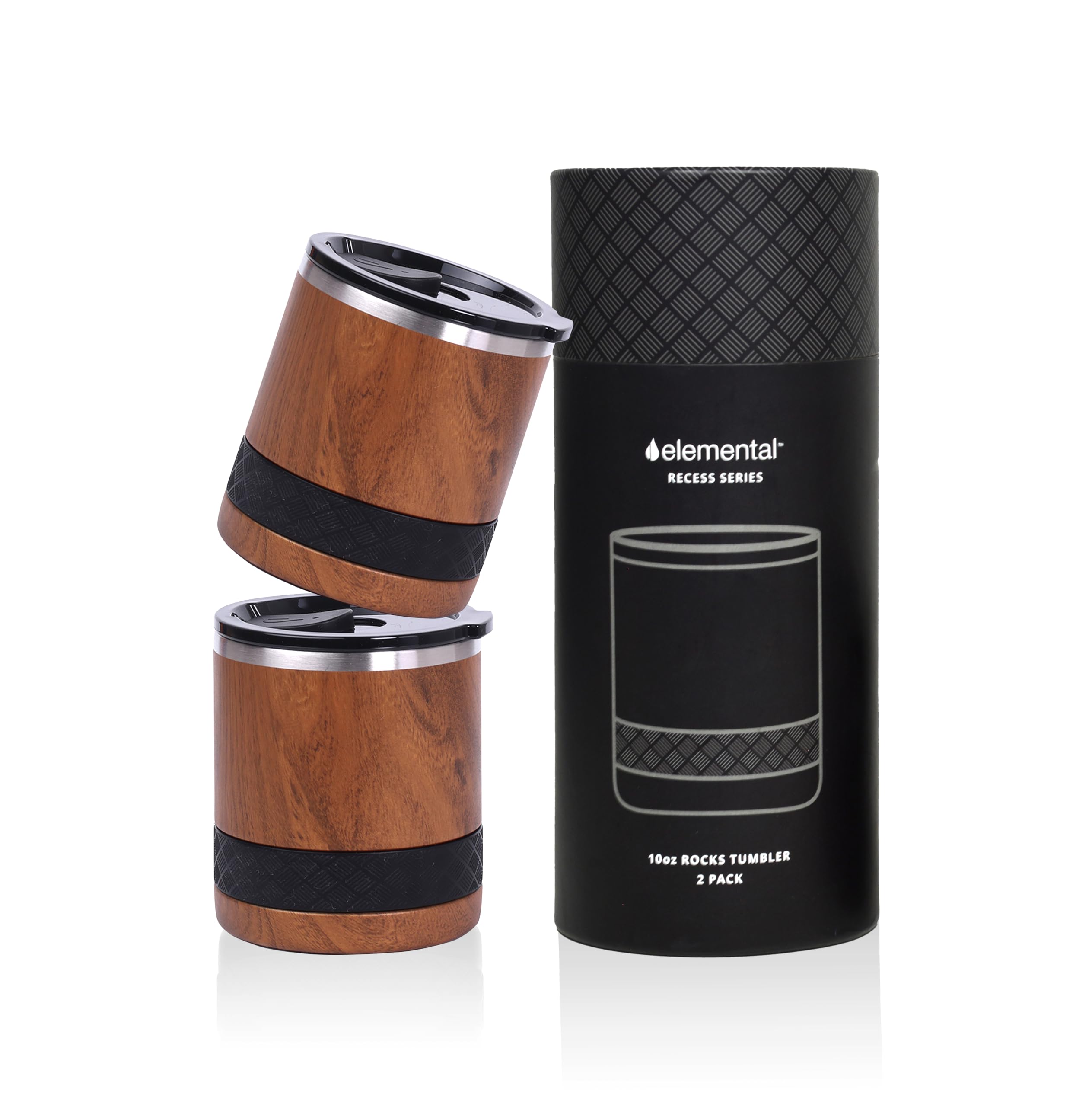 Elemental Recess Lowball - Juego de 2 vasos de acero inoxidable de triple pared de 10 onzas con tapa de Tritan irrompible, vaso de whisky aislado, taza de café aislada para bebidas calientes y frías,