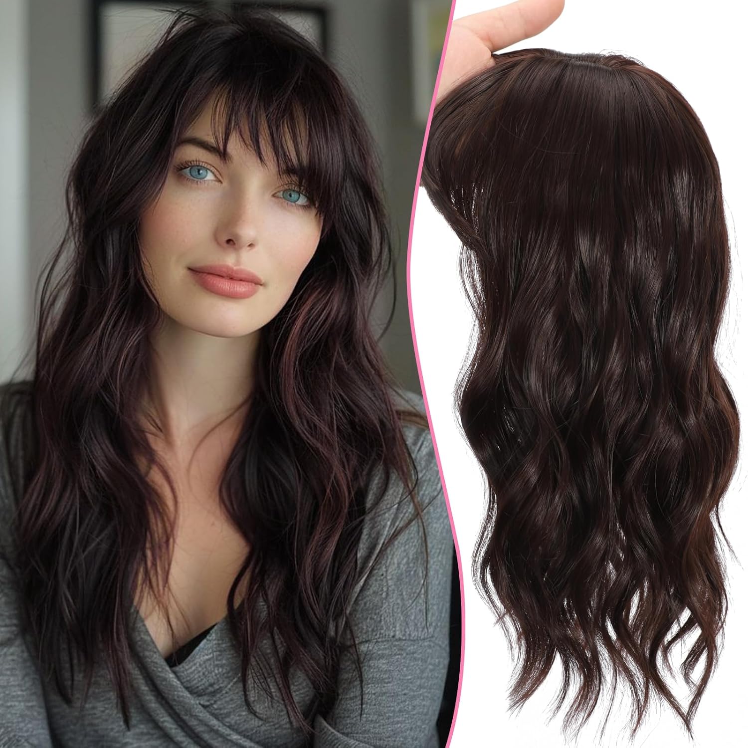 TYQ Hair Toppers for Women with Thinning Hair 18 Inch 360° 3D Synthetic Toppers Hair Pieces Curly Wavy Wispy Clip in Bangs(Brown Black)