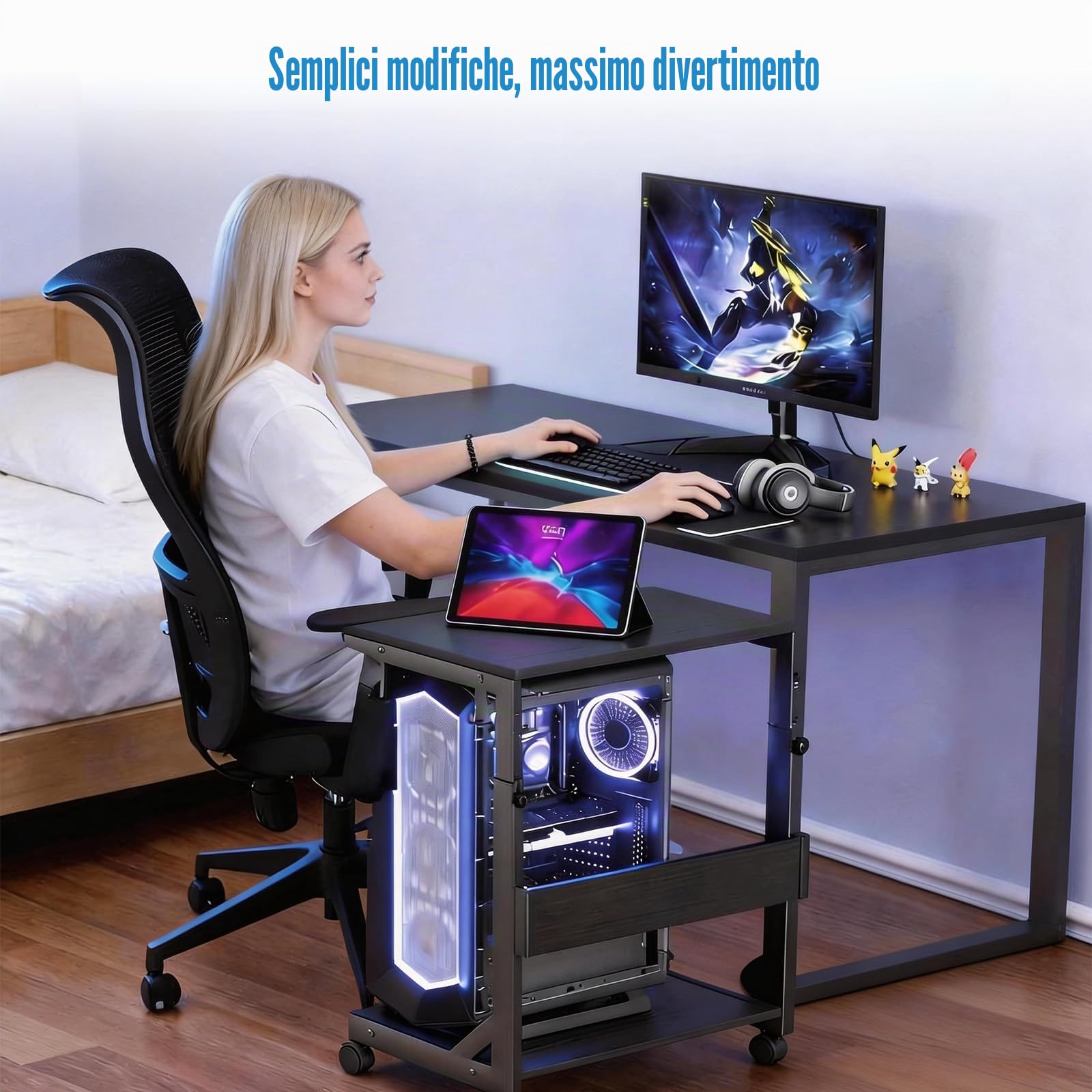 Supporto per PC da posizionare sotto la scrivania, supporto a due ripiani regolabile in altezza con rotelle, supporto metallico resistente per case ATX fino a 55 kg