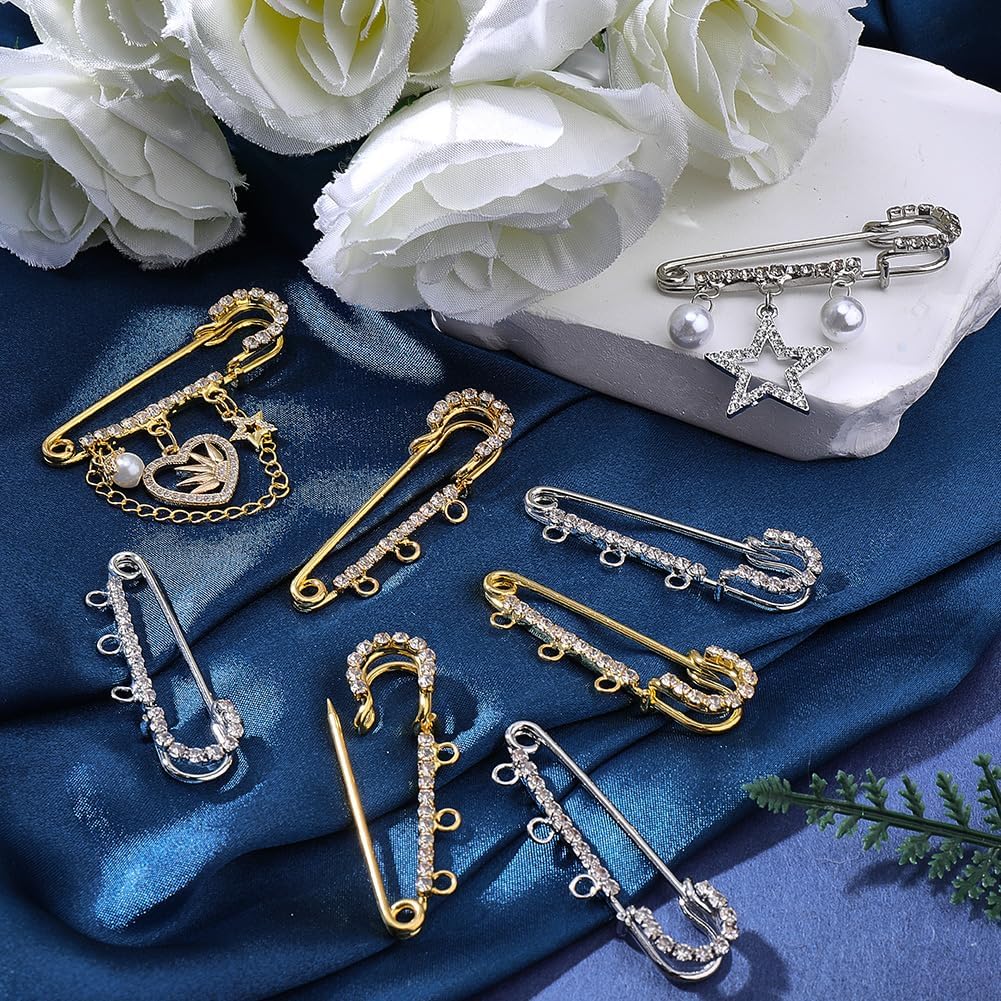 SUNNYCLUE 1 Box 16Pcs Safety Pin Brooch 3 Holes Brooch Pin With Loops Gold Silver Iron Metal Rhinestone Decor Fastener Findings for Jewelry Making Women Hat Scarf Decorations Sewing Scarf Diy Supplies