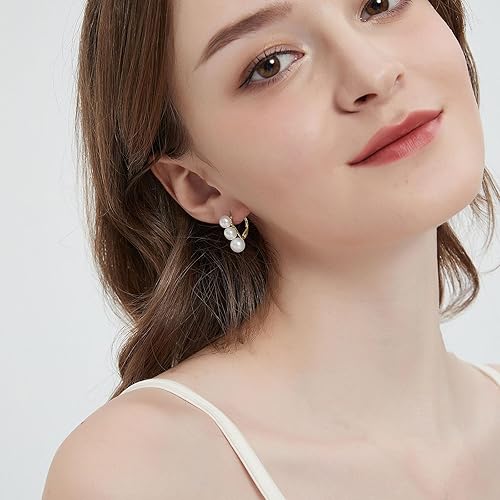 Miniatura 3 de YAMI Pearl Earrings for Women, Genuine Freshwater Pearls Crafted in 925 Sterling Silver Huggie Hoop Earrings, Three Stone Drop Hypoallergenic