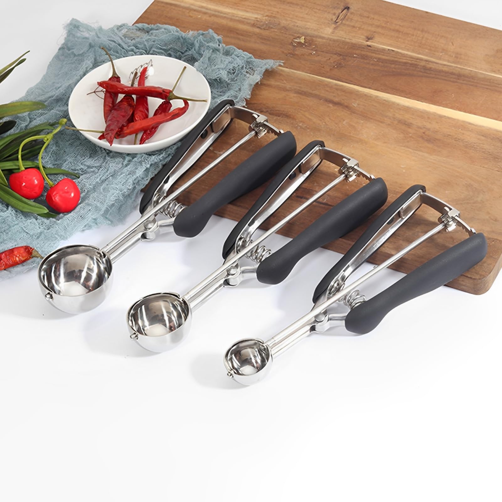 Juego de 3 Cuchara Helado Acero Inoxidable, Cuchara para Helado con Gatillo 3/4/5 cm, Sacabolas para Postres Masa Melon Galletas Cocina Diaria Negra