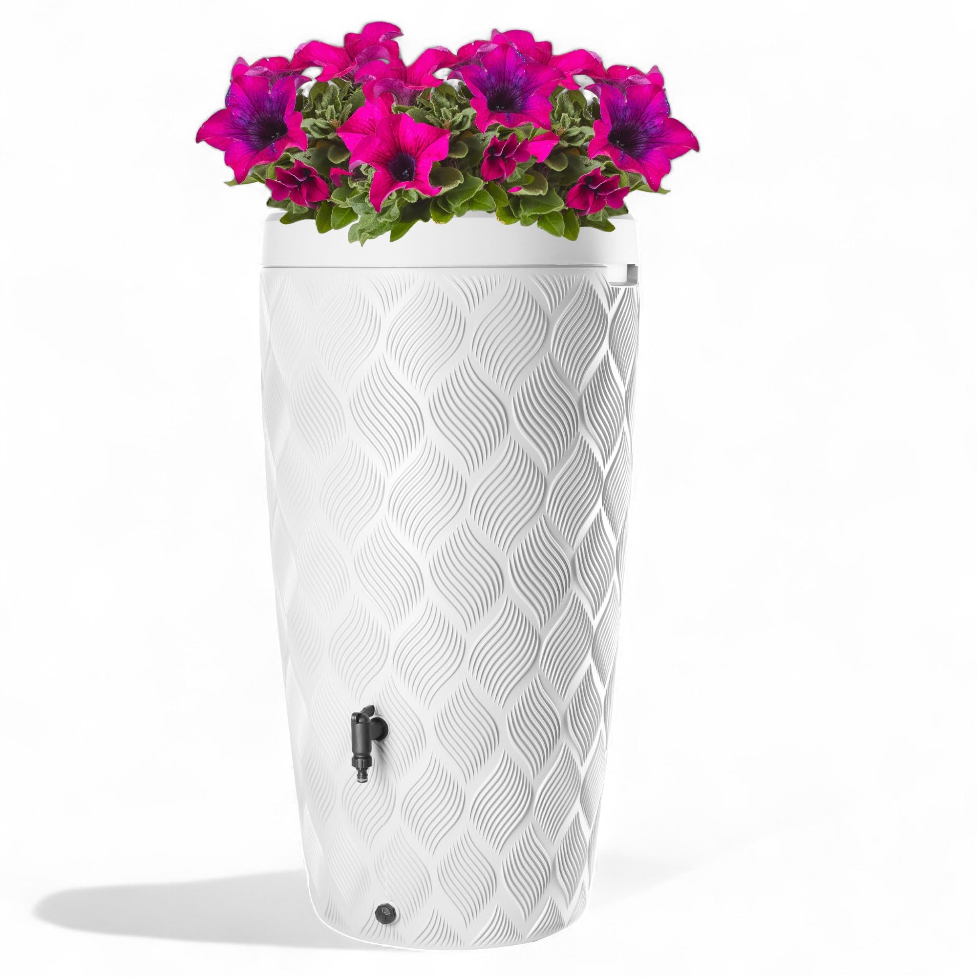 Design Regenwassertank 240L Weiß – Pflanzbar – 112 cm Höhe – Inkl. Fallrohranschluss-Set – Wasserbehälter für Garten – Regentonne Kunststoff (Weiß)