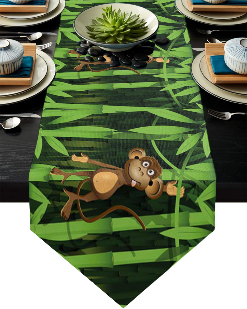 Table Runners,Cartoon Monkey Green Bamboo Forest Decorative Table Runner for Kitchen Dining Coffee Table Parties Wedding Home Decor 14"x72"