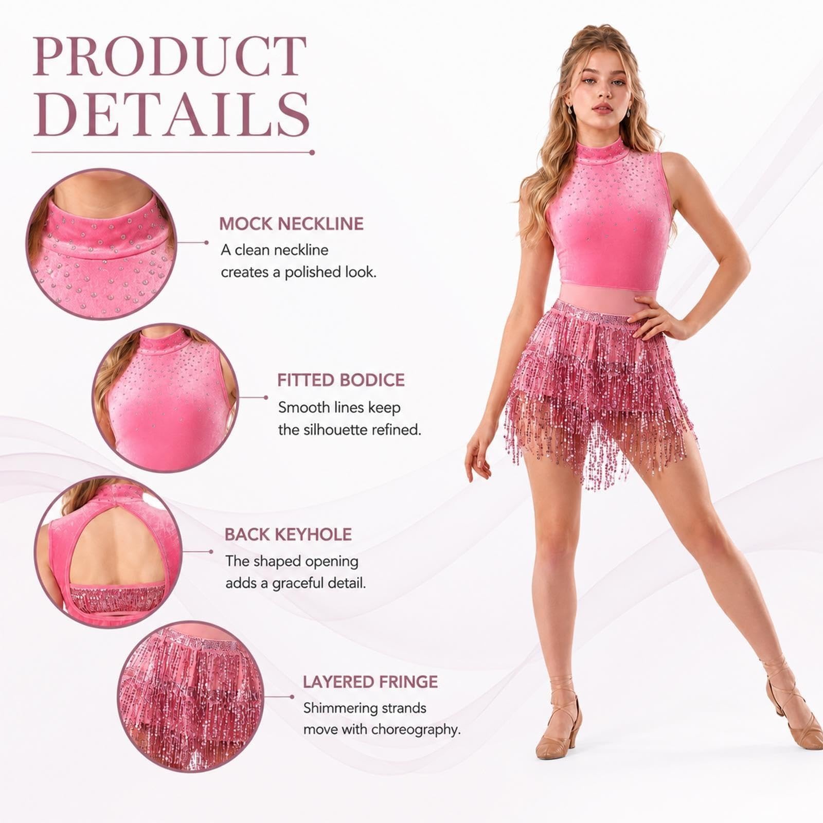 Costume da danza jazz donna e teen, body rosa con frange di paillettes