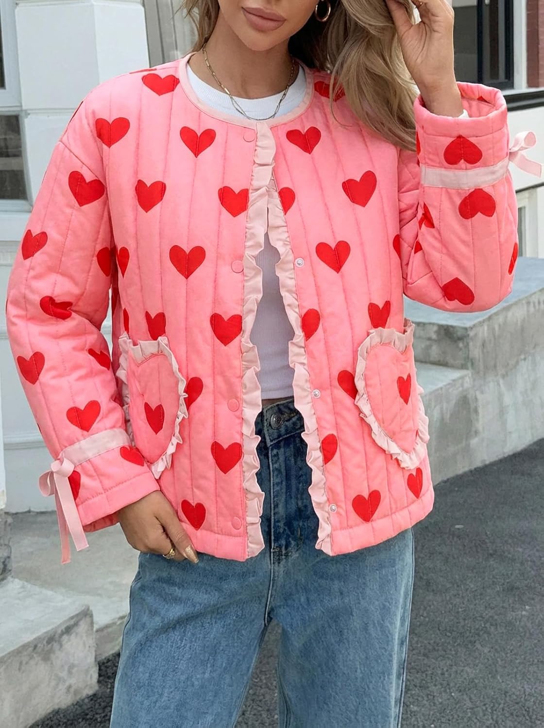 Tankaneo Womens Cropped Puffer Jacket Floral Print Open Front Quilted Jacket Bow Tie Heart Coat Lightweight Outerwear - Image 2