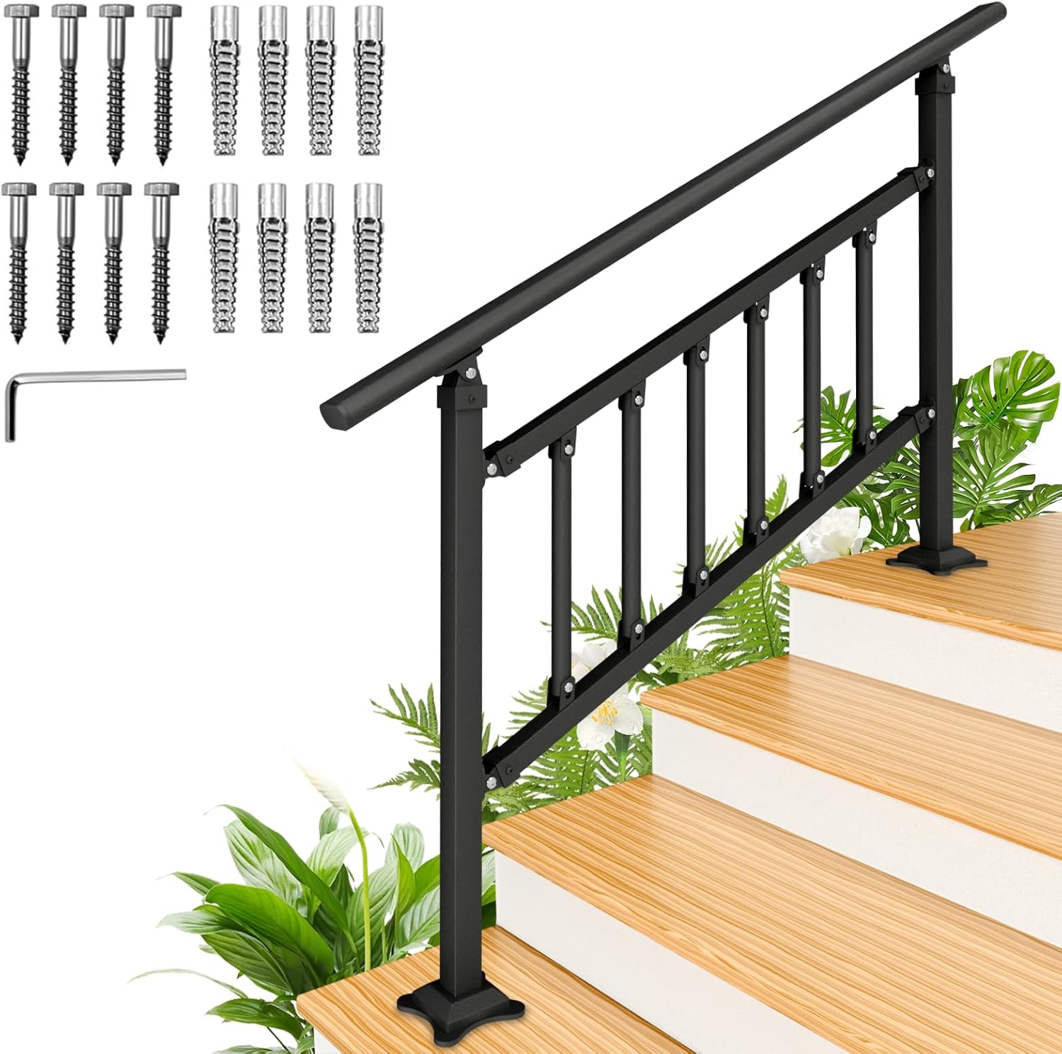 Hand Rails for Outdoor Steps,4 Step Stair Handrail, 54" x 33" Fits 3 to 4 Steps, Outdoor Handrail, Matte Black Stair Railings for Outdoor Steps for Porch Deck, Hand Rails for Seniors