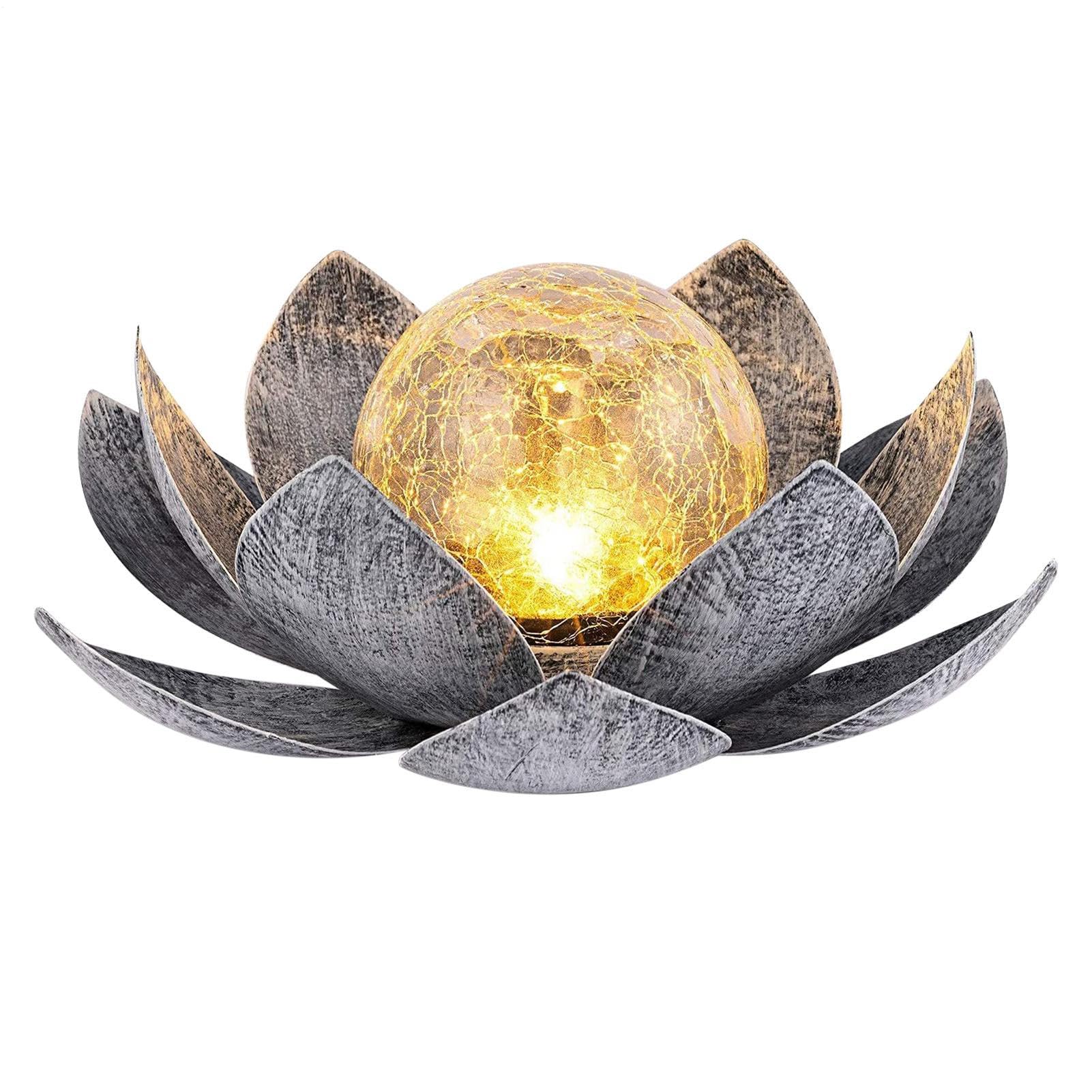 Solar Garden Lamp – Crackled Glass Orb, Lotuss Style Decor | LED Globe Light, IP44 Weatherproof Design, Outdoor Flower Sculpture, Metal Base, Yard Illumination for Patio, Lawn, Pathway, Garden