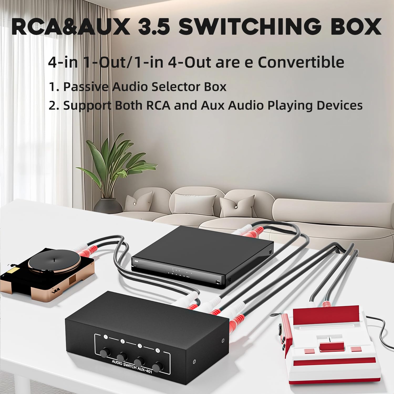 4 canali 3,5 mm Aux + RCA L/R Audio Switcher Box 4 in 1 Out/1 in 4 Out bidirezionale, 4 in 1 Out A/B analogico Audio Switcher Selettore senza bisogno di alimentazione