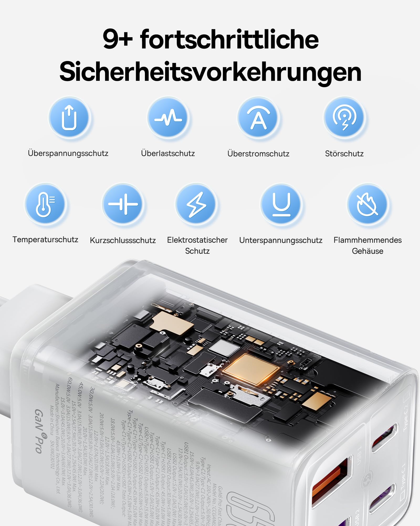 Baseus 65W Chargeur USB C Rapide 4 Ports avec GaN 6 Tech Compatible avec MacBook Pro/Air, Surface, Laptop, iPhone 15-12 séries, Pixel, Galaxy, Blanc