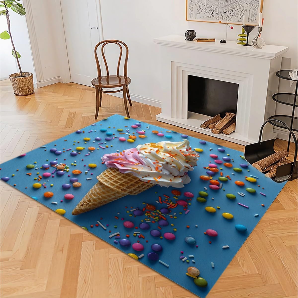 Ice Cream Colorful Candy Area Rug for Living Room, 5 X 8 Ft Machine Washable Area Rug Non-Slip Stain Resistant Carpet, Low-Pile Indoor Floor Carpet for Bedroom Office Dining Home Decor, Blue