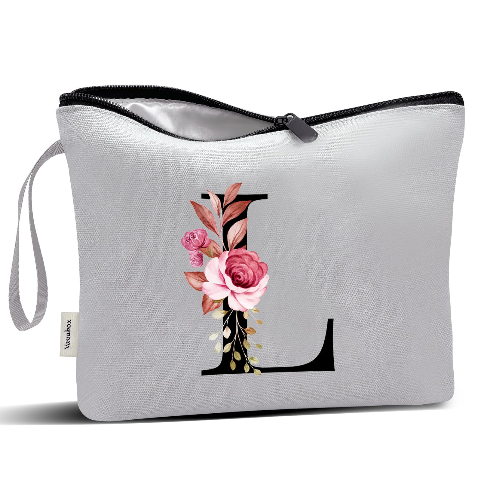 Vavabox A-Z Personalized Makeup Bag, Birthday Gifts for Women Mom, Gifts for Best Friend, Bride Bridesmaid Cosmetic bag (L, Grey)