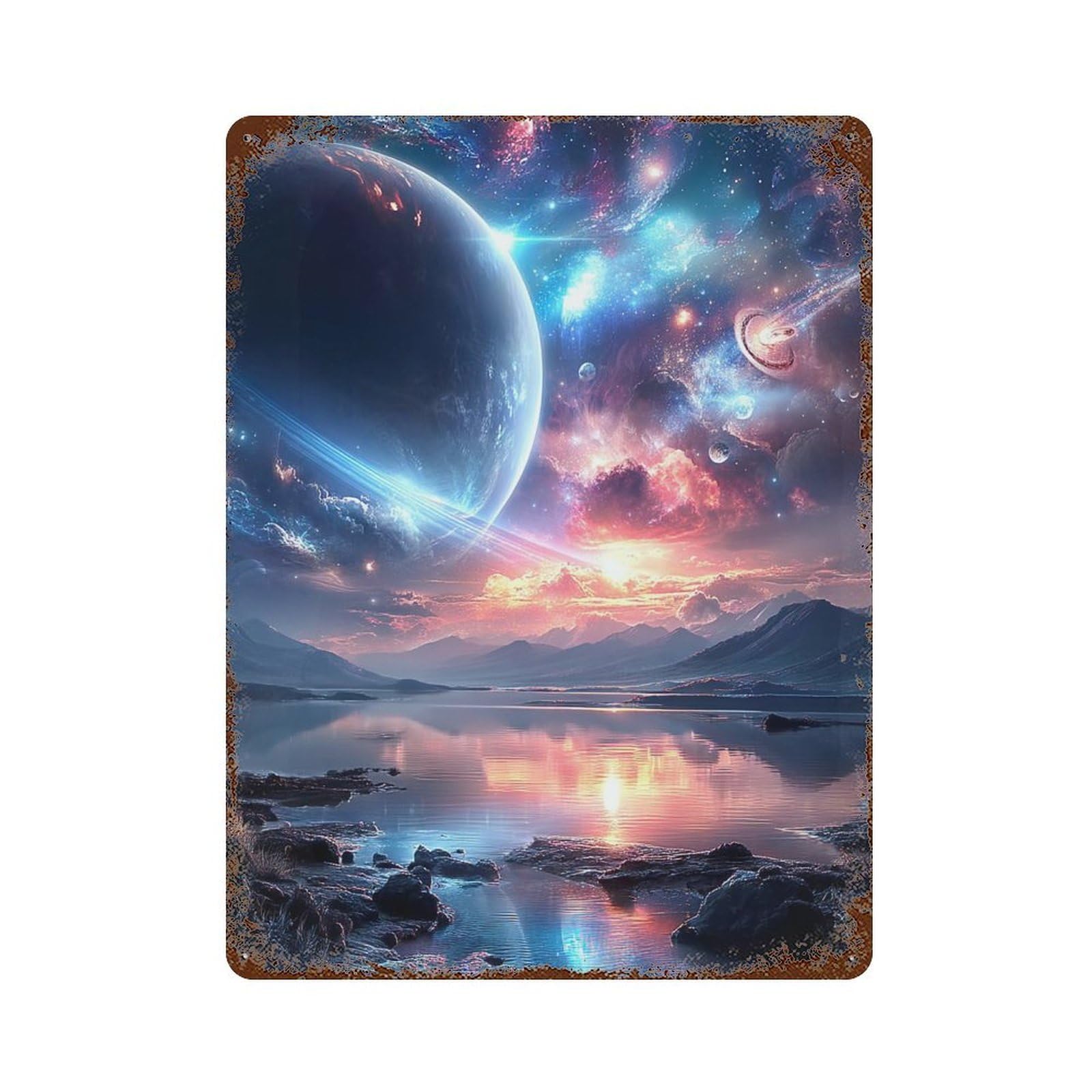 Galactic Reflections Celestial Landscape 15.7"x11.8" Distressed Metal Wall Sign, Retro Wall Decor for Garage, Bar And Workshop Decor