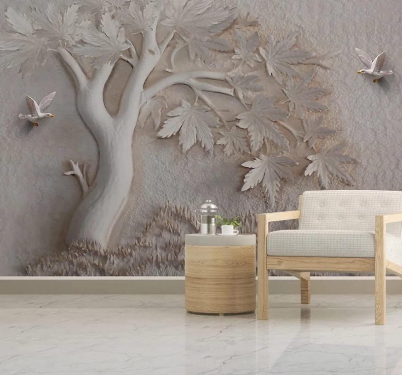 XLMING Creative Embossing Maple Leaves Birds 3D Wallpaper Luxury Home Dining Decor Paste Sofa Living Room The Wall for Bedroom Mural-300cm×210cm